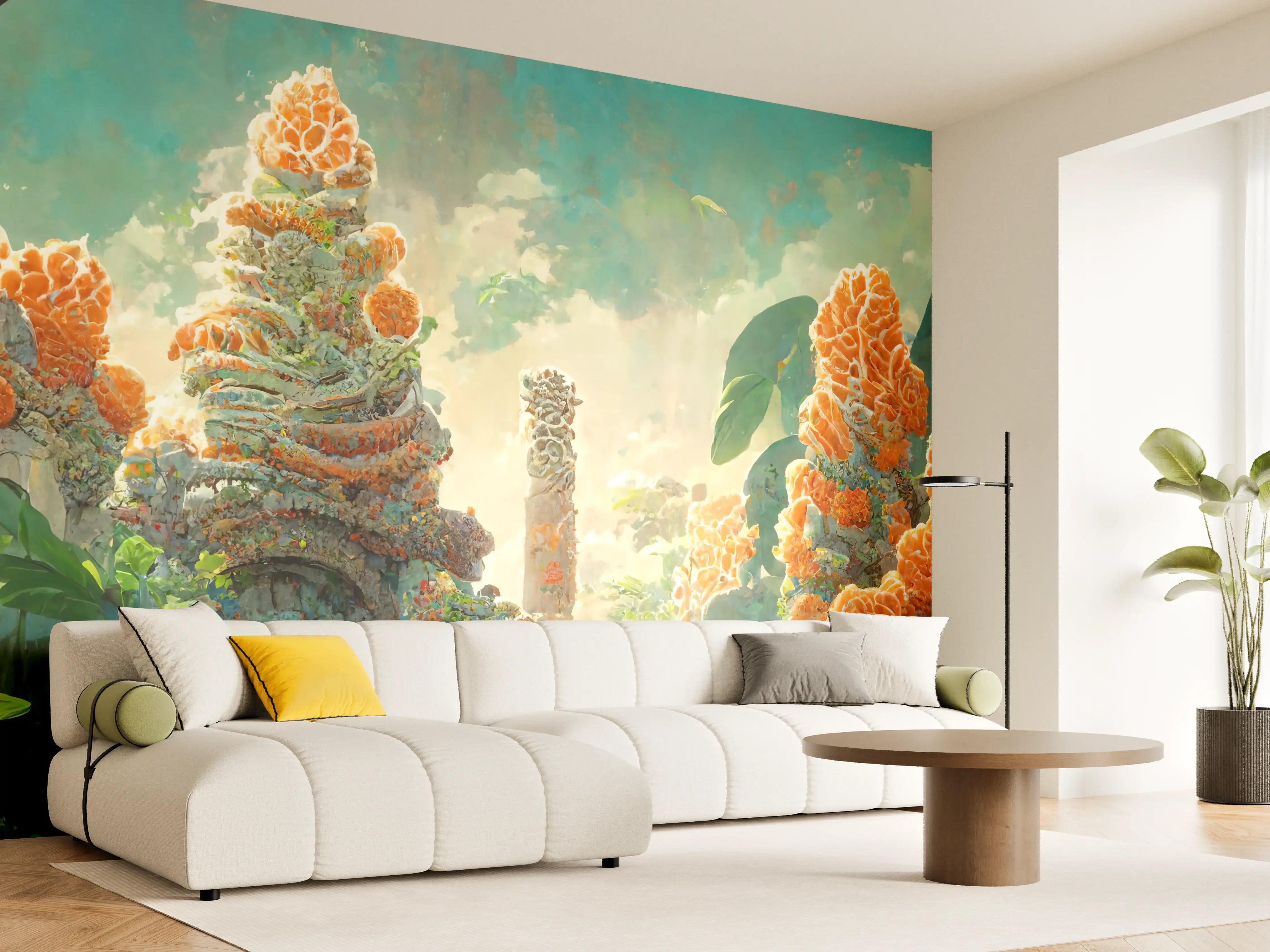Wandverkleidung Wohnzimmer - gelbe Blumen