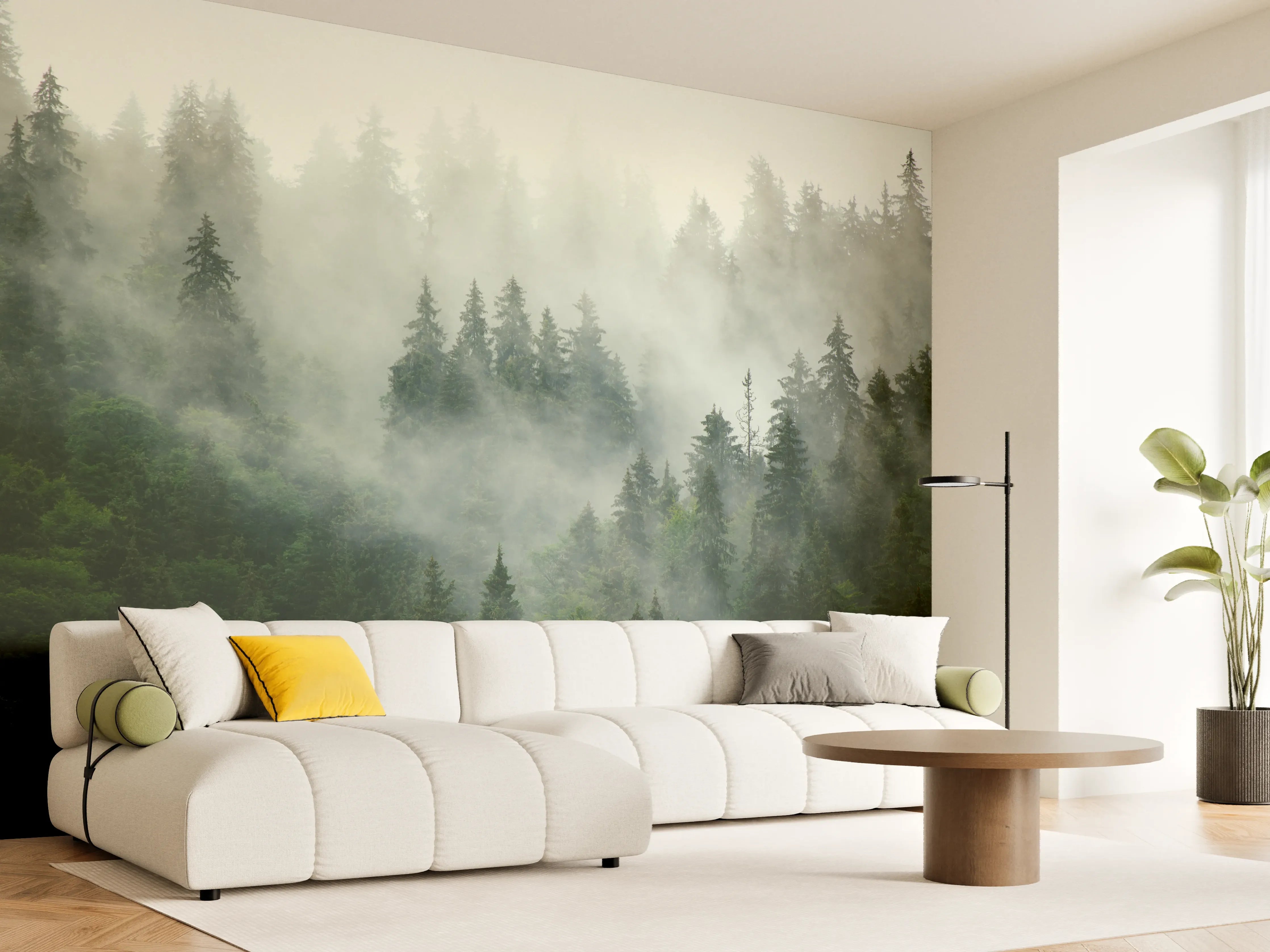 Wandverkleidung Wohnzimmer - neblige Waldlandschaft