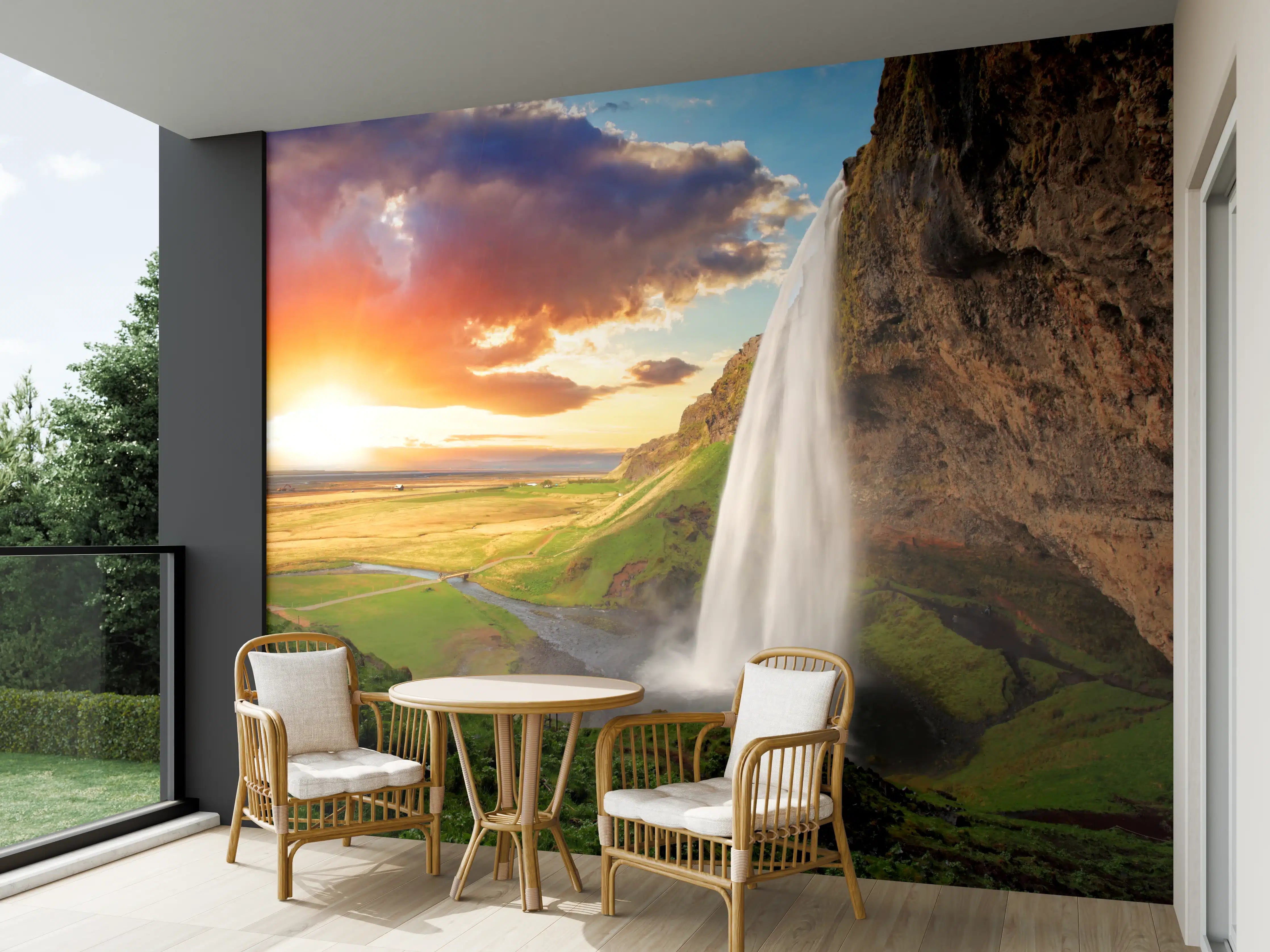 Wandverkleidung außen - Seljalandsfoss Wasserfall bei Sonnenuntergang