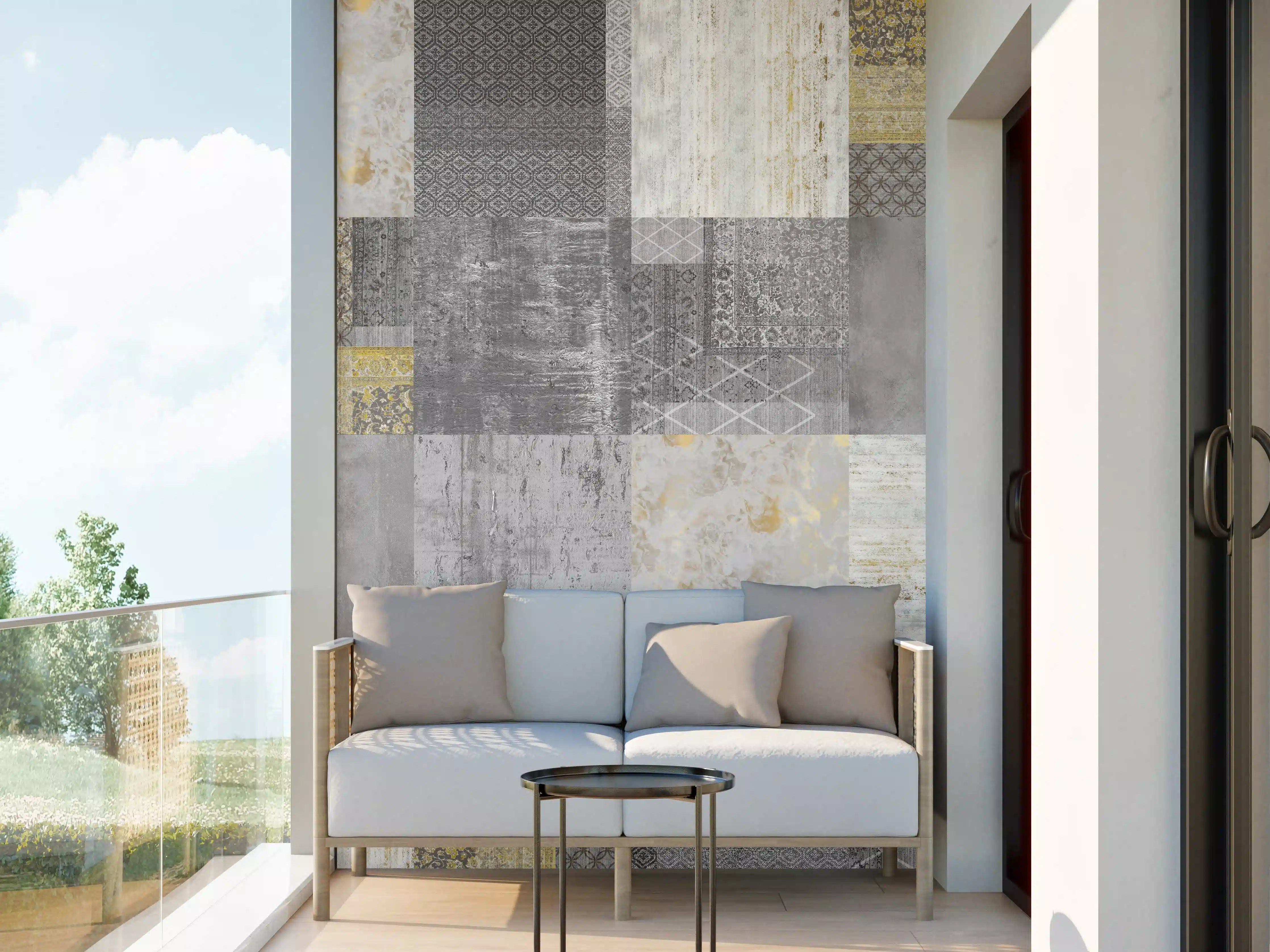 Wandverkleidung außen - gräulich gelbes Patchwork
