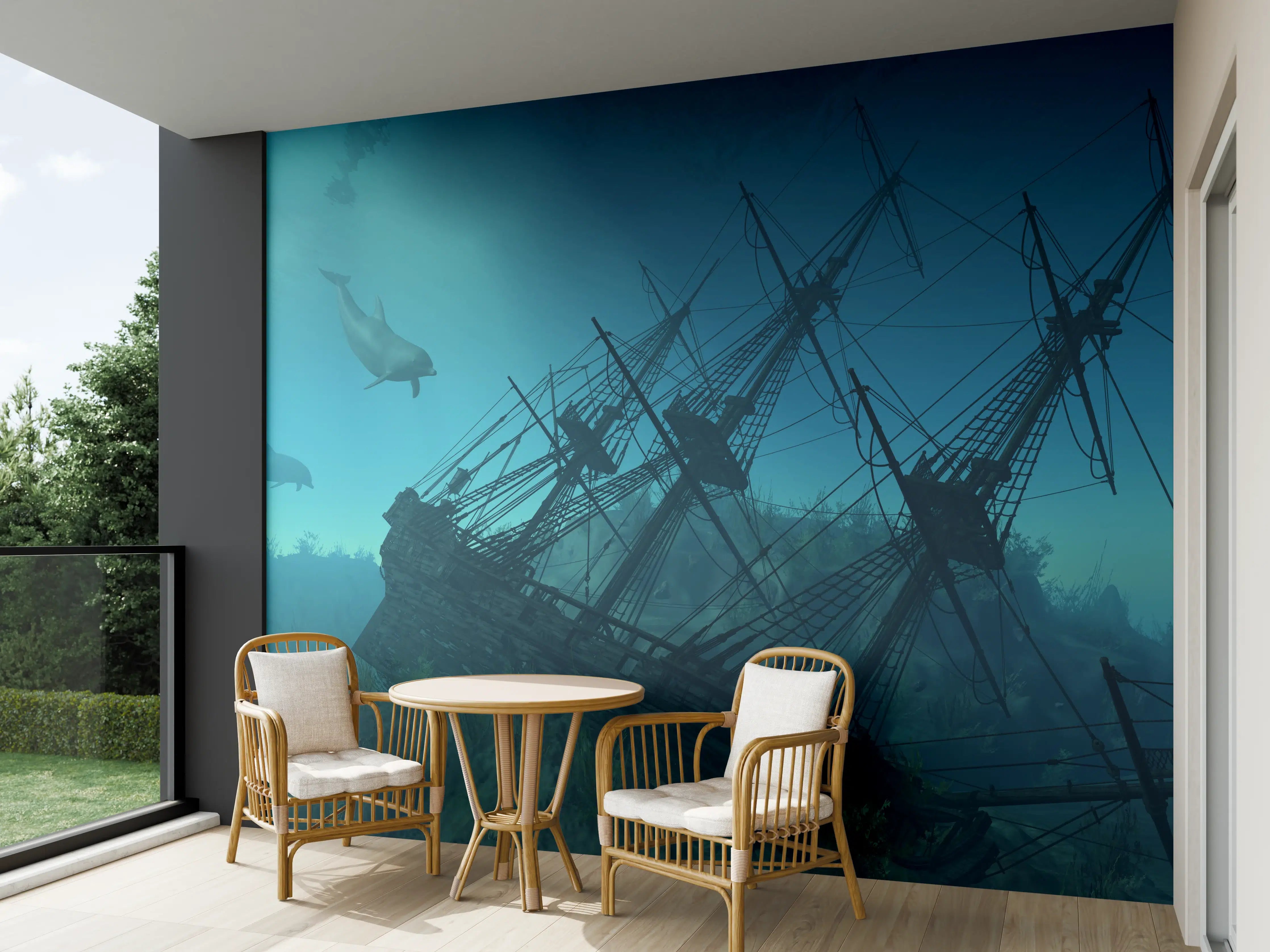 Wandverkleidung außen - mystisches Schiffswrack mit Delfinen
