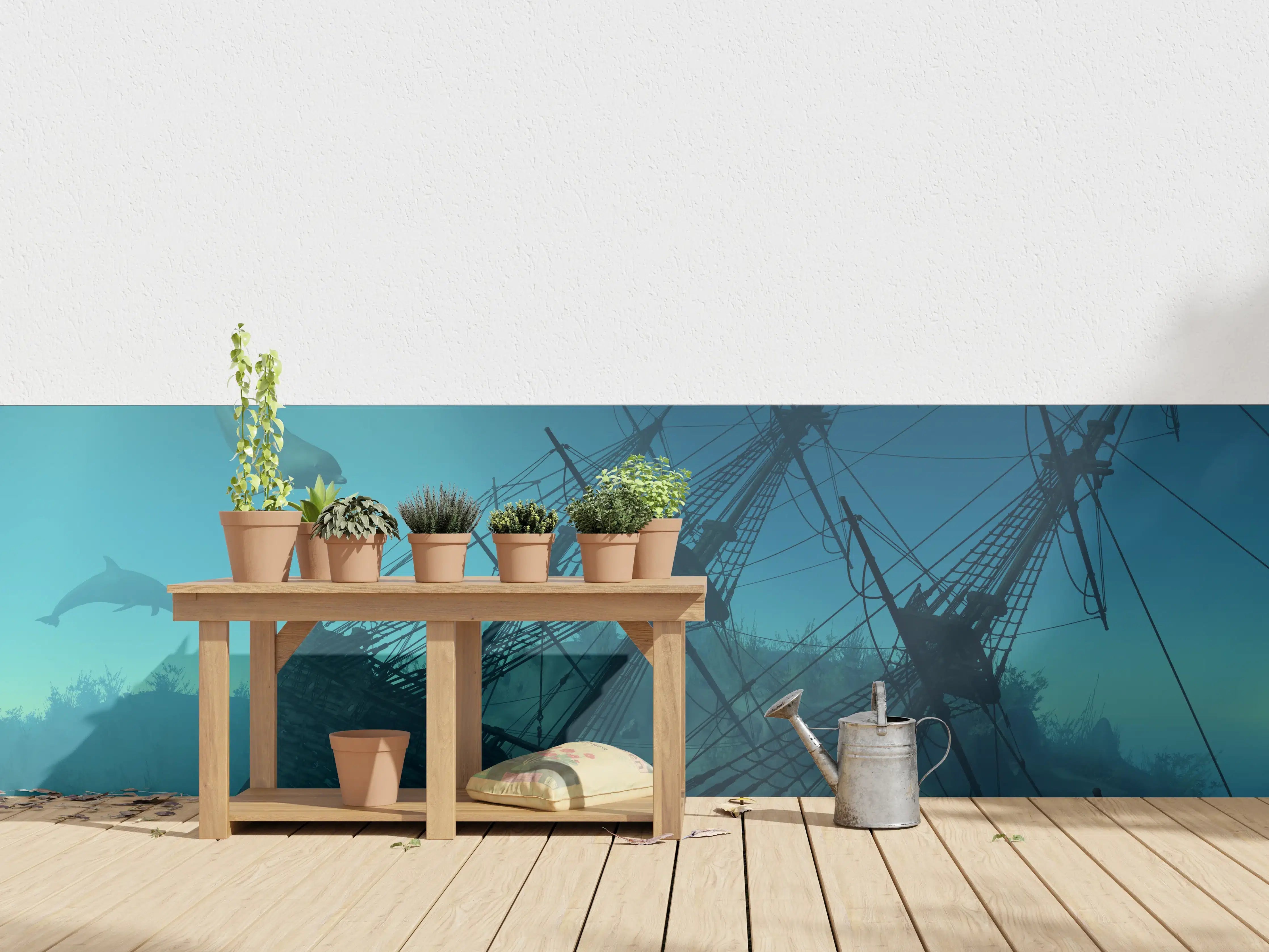 Wandverkleidung außen - mystisches Schiffswrack mit Delfinen