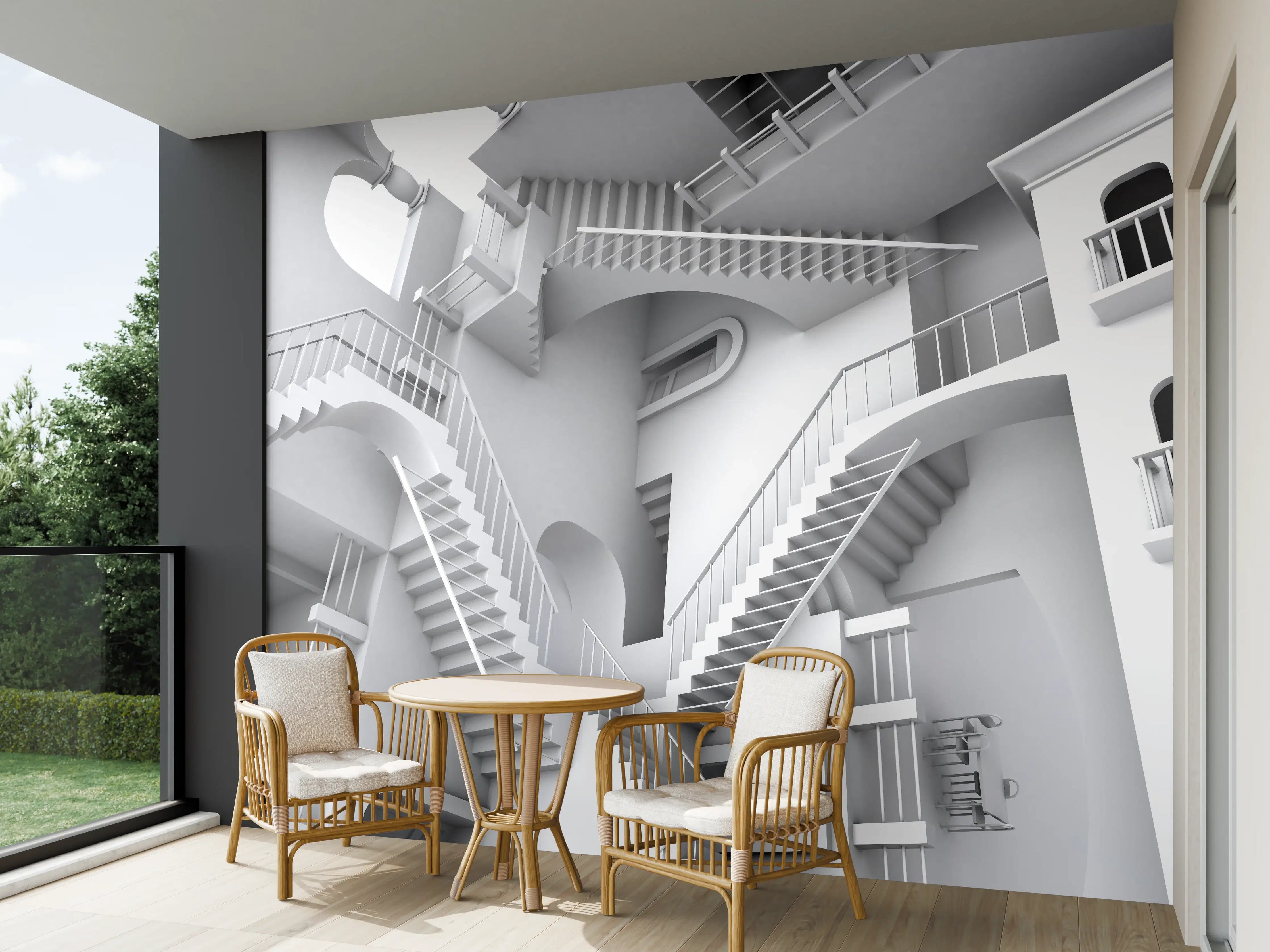 Wandverkleidung außen - 3D-Illustration einer von Escher inspirierten Treppe