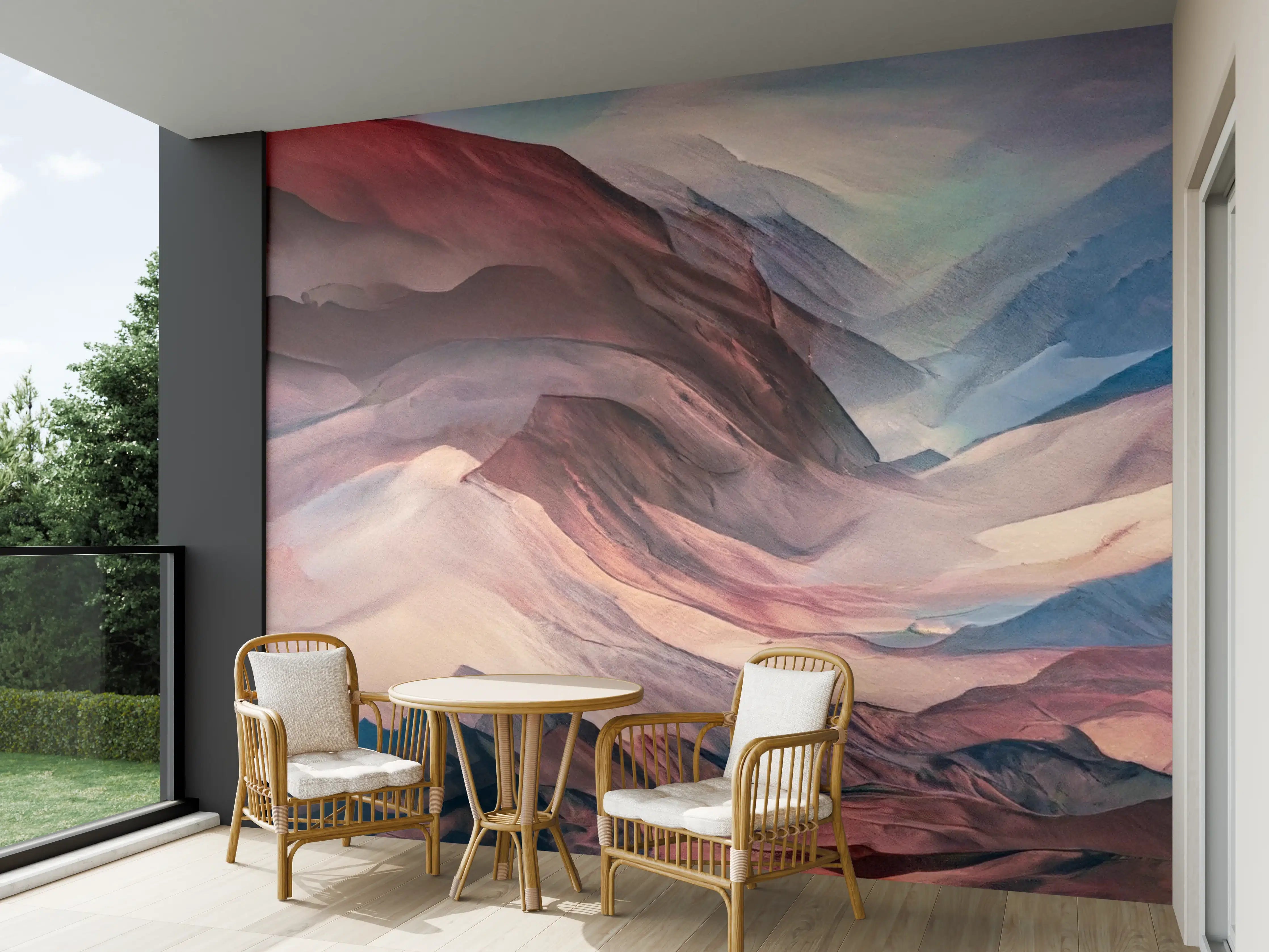 Wandverkleidung außen - Abstrakte Berglandschaft in pastelligen Tönen