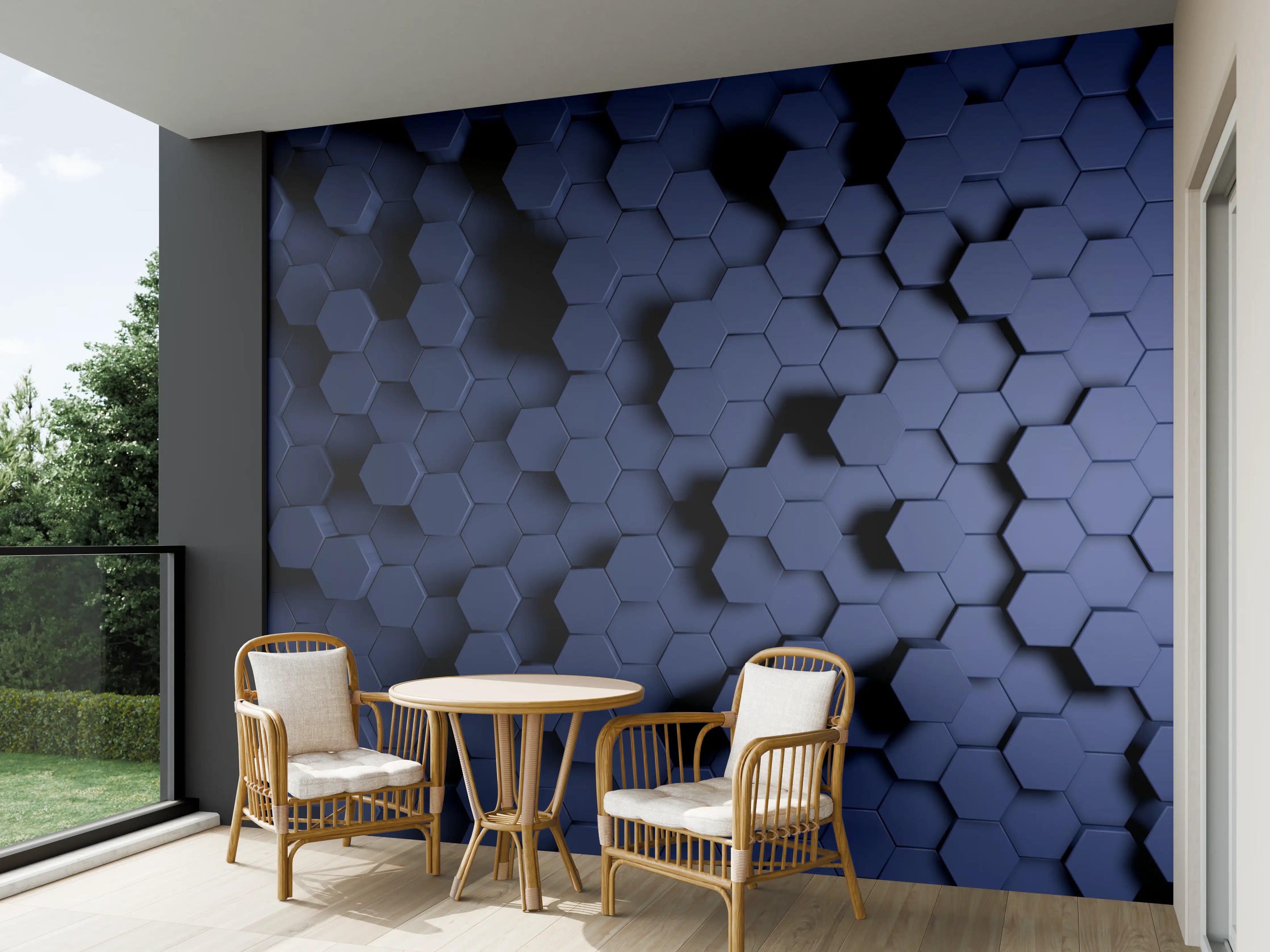 Wandverkleidung außen - Abstrakte Blau-Hexagon-Struktur