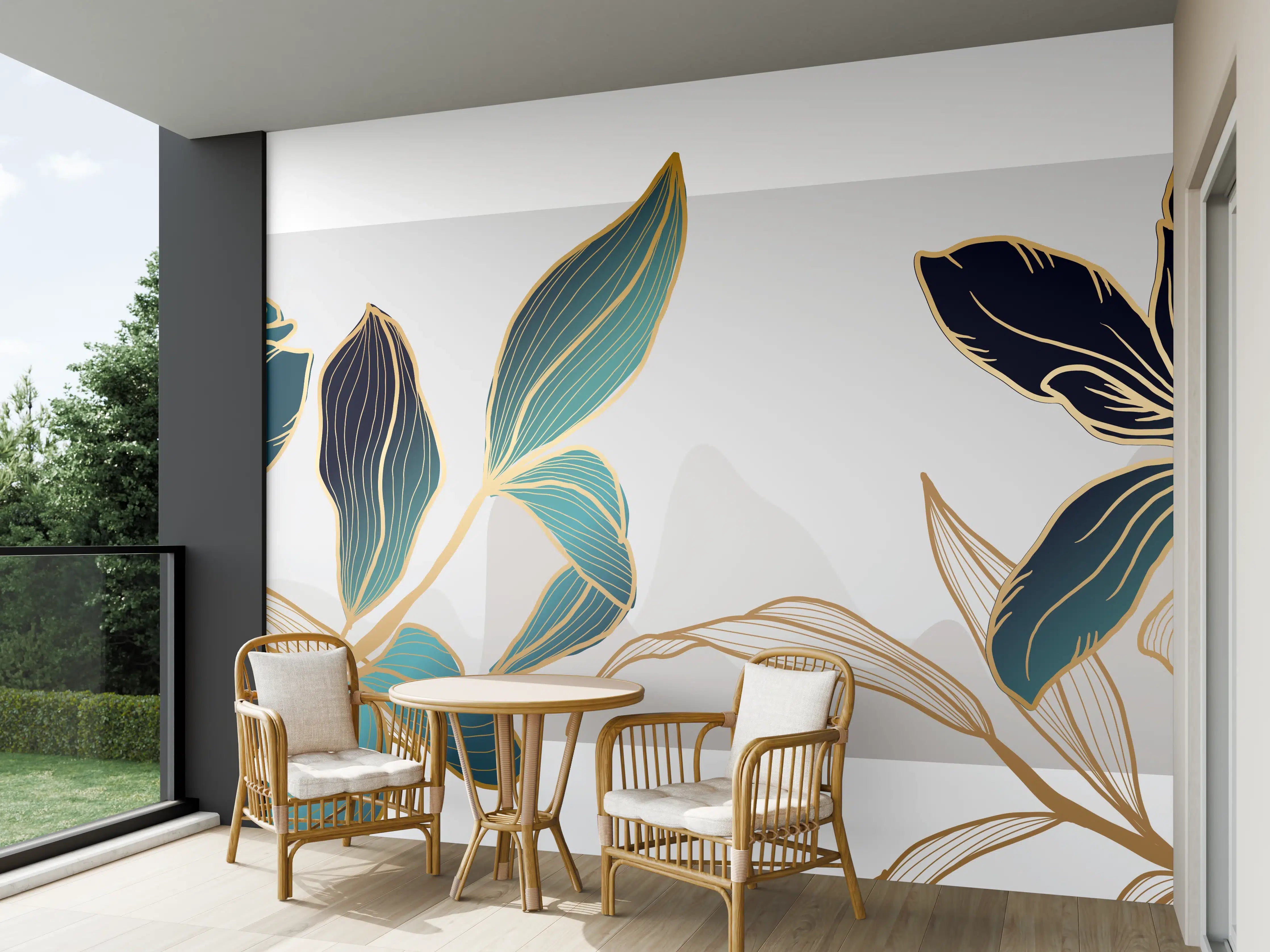 Wandverkleidung außen - Abstrakte Blumen Gold-Blau Illustration