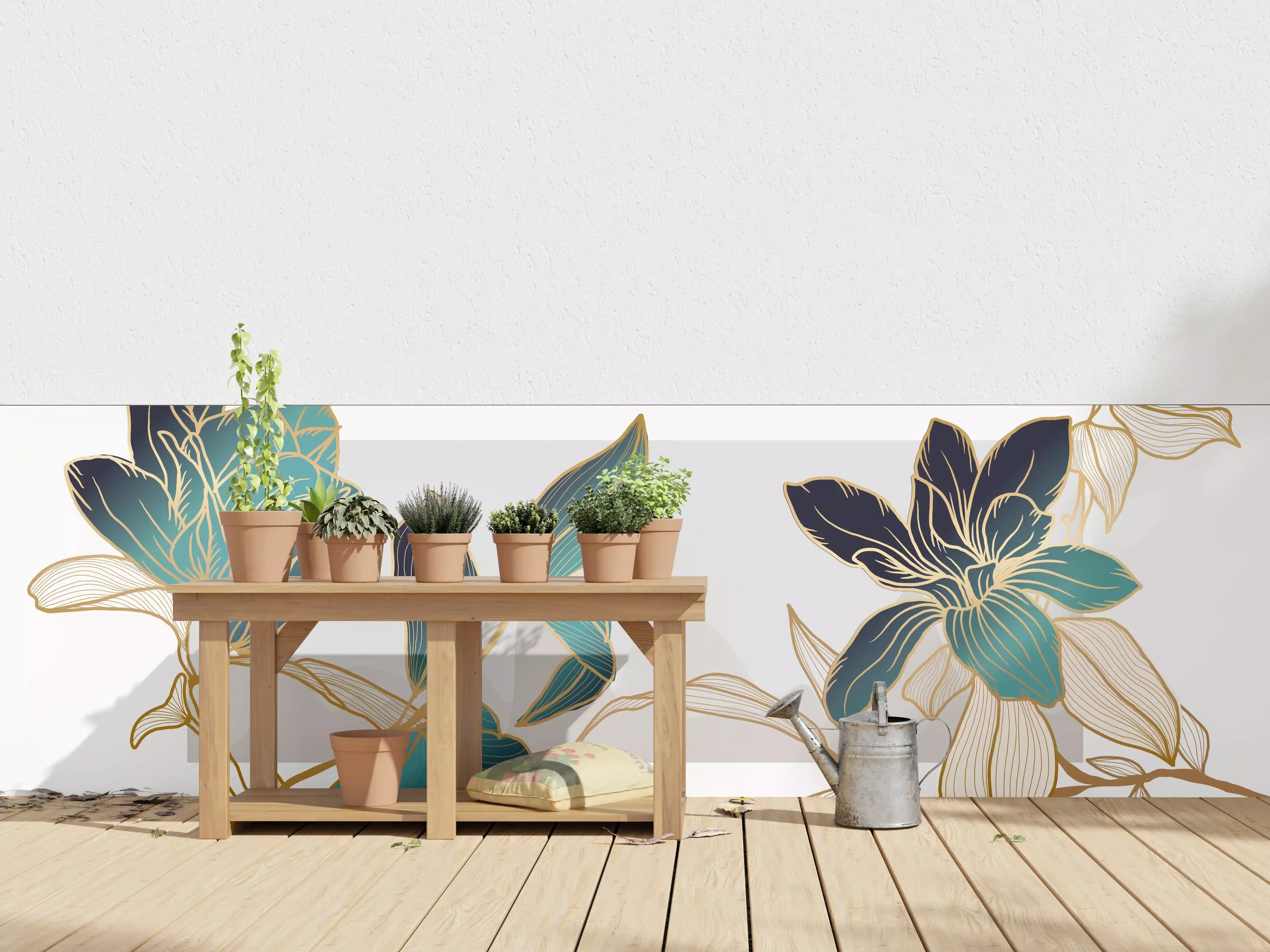 Wandverkleidung außen - Abstrakte Blumen Gold-Blau Illustration