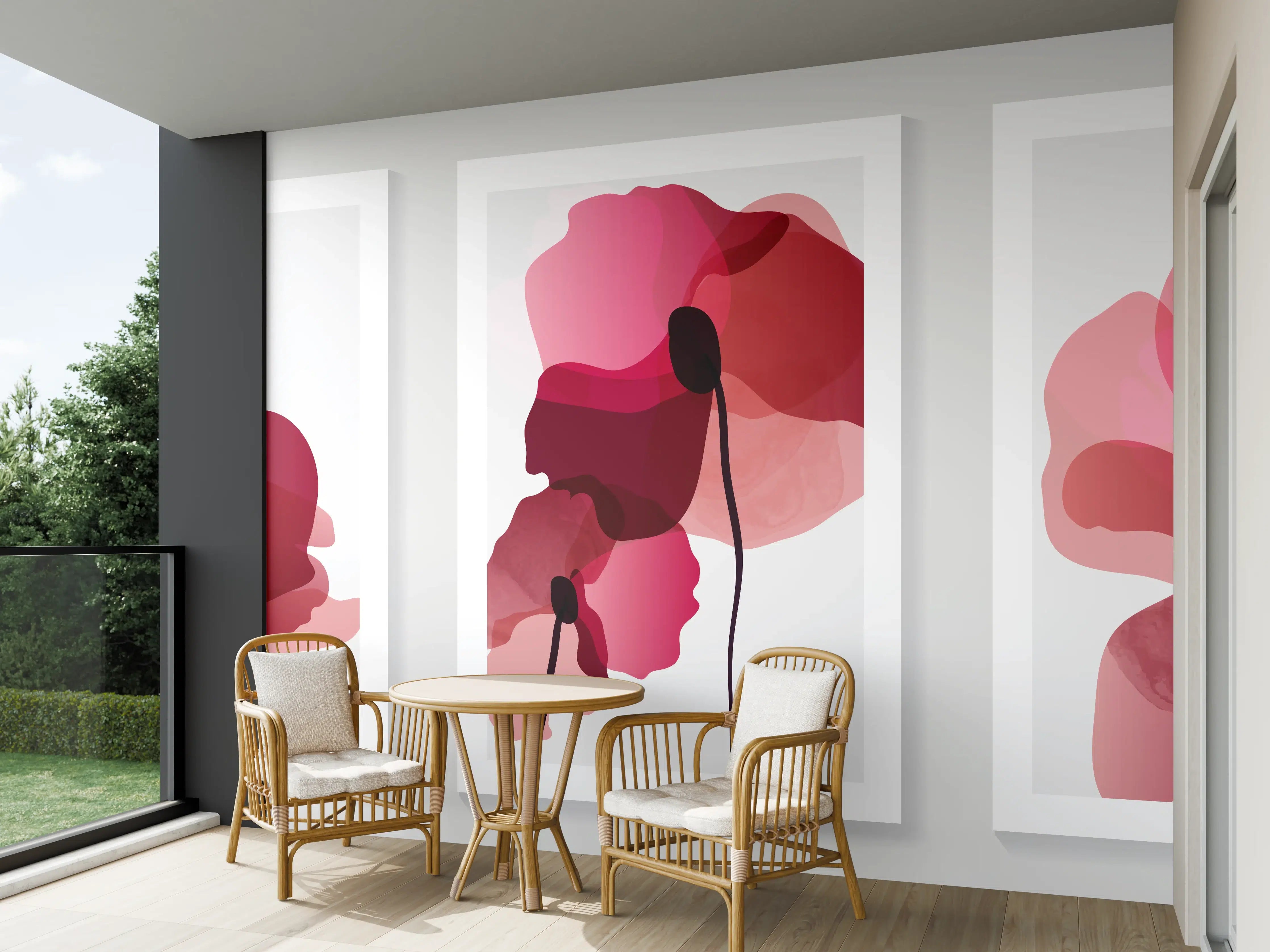 Wandverkleidung außen - Abstrakte Blumen Triptychon Rot