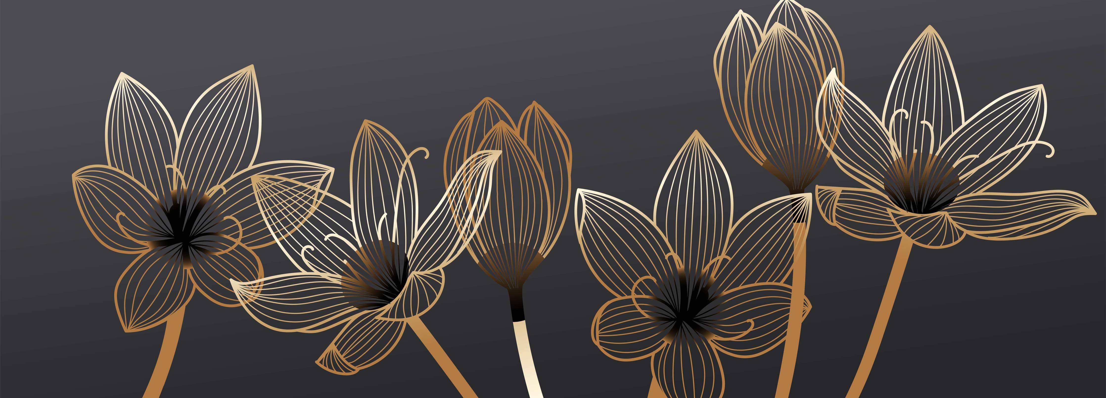 Wandverkleidung außen-Abstrakte Gold-Schwarz Blumen Linienart