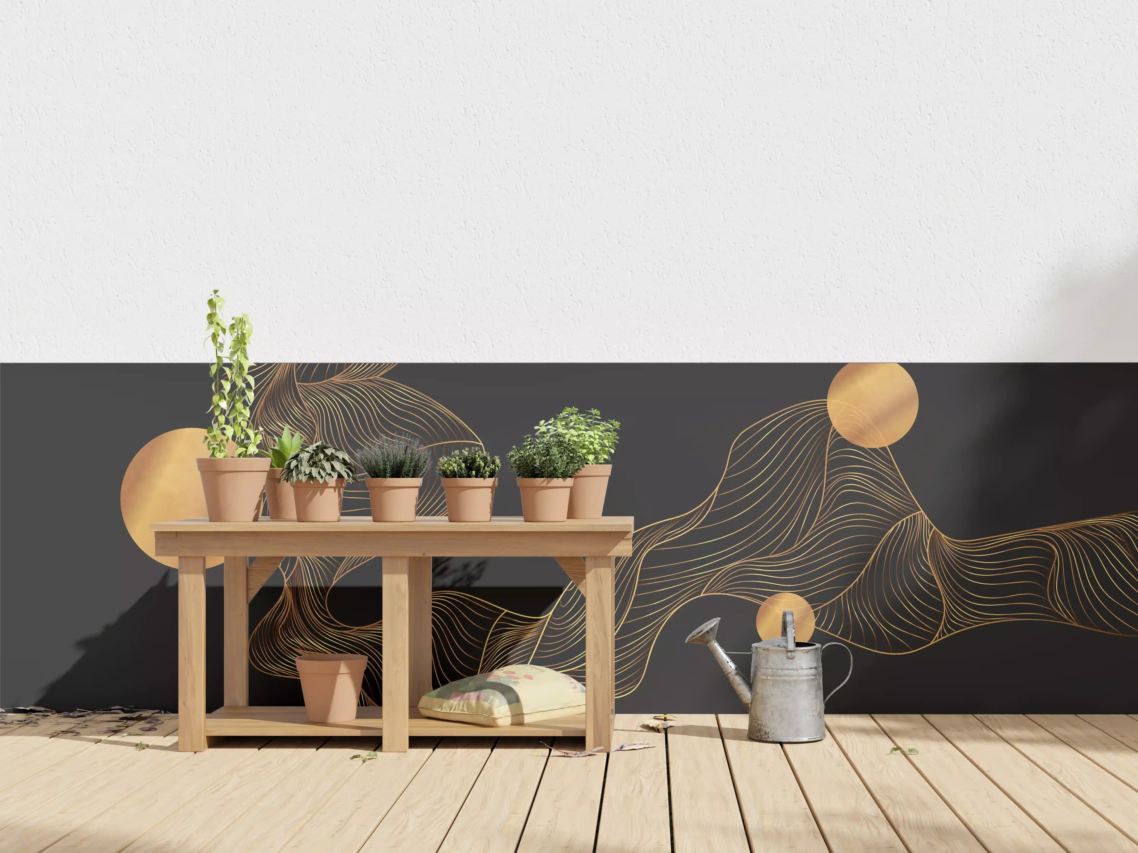Wandverkleidung außen - Abstrakte Gold-Schwarz Linienkunst