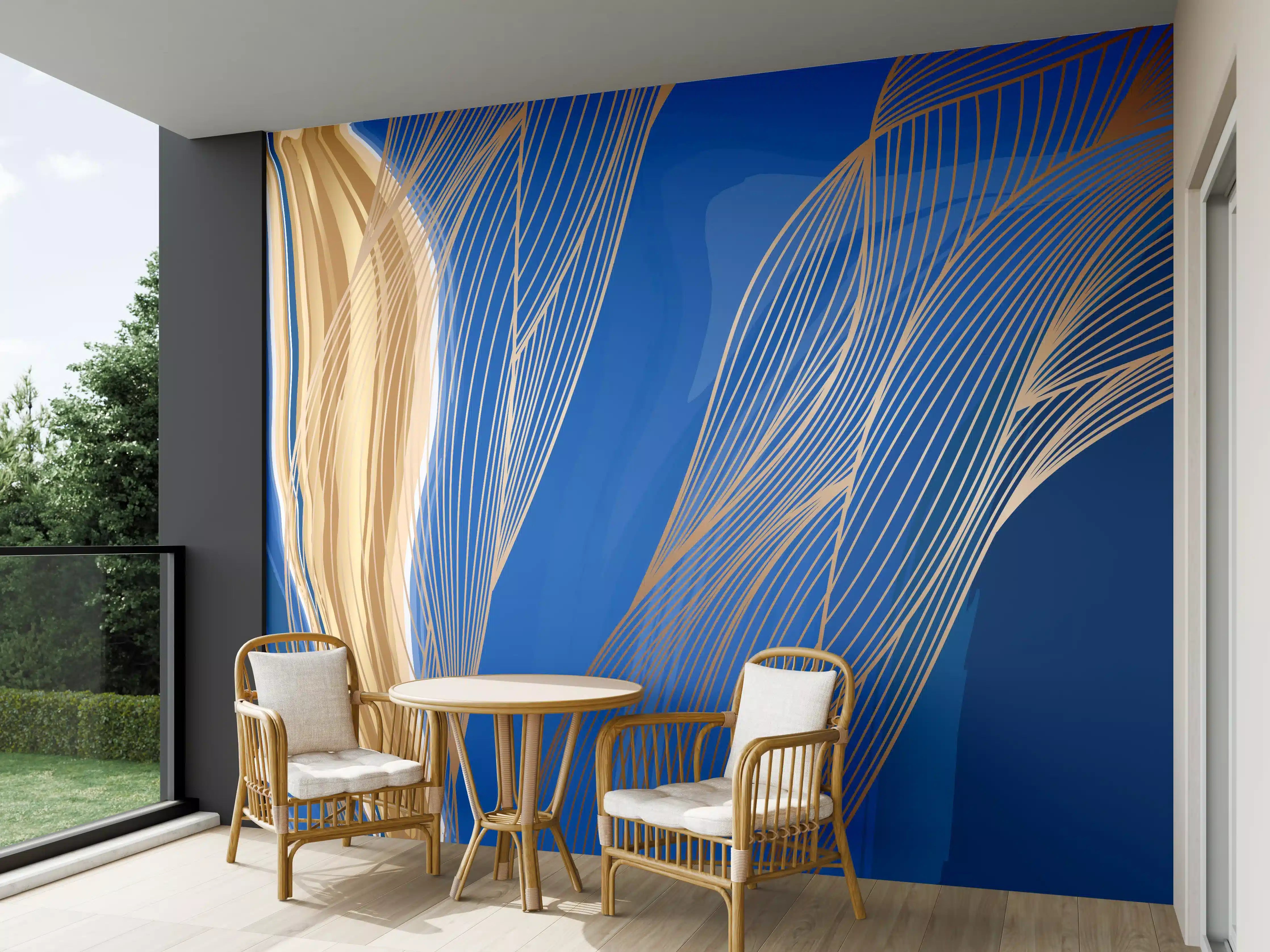 Wandverkleidung außen - Abstrakte Linienkunst in Blau-Gold