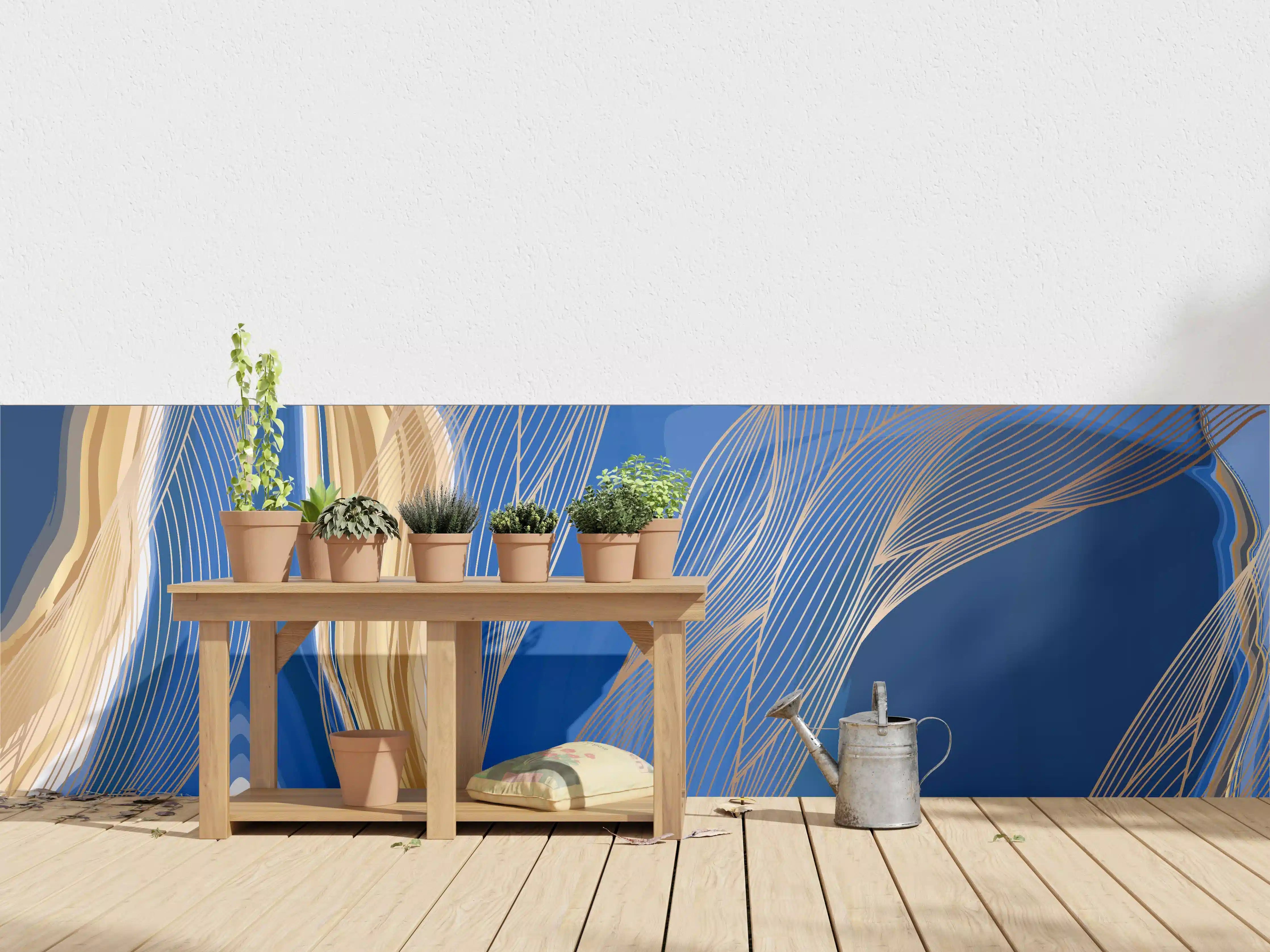 Wandverkleidung außen - Abstrakte Linienkunst in Blau-Gold