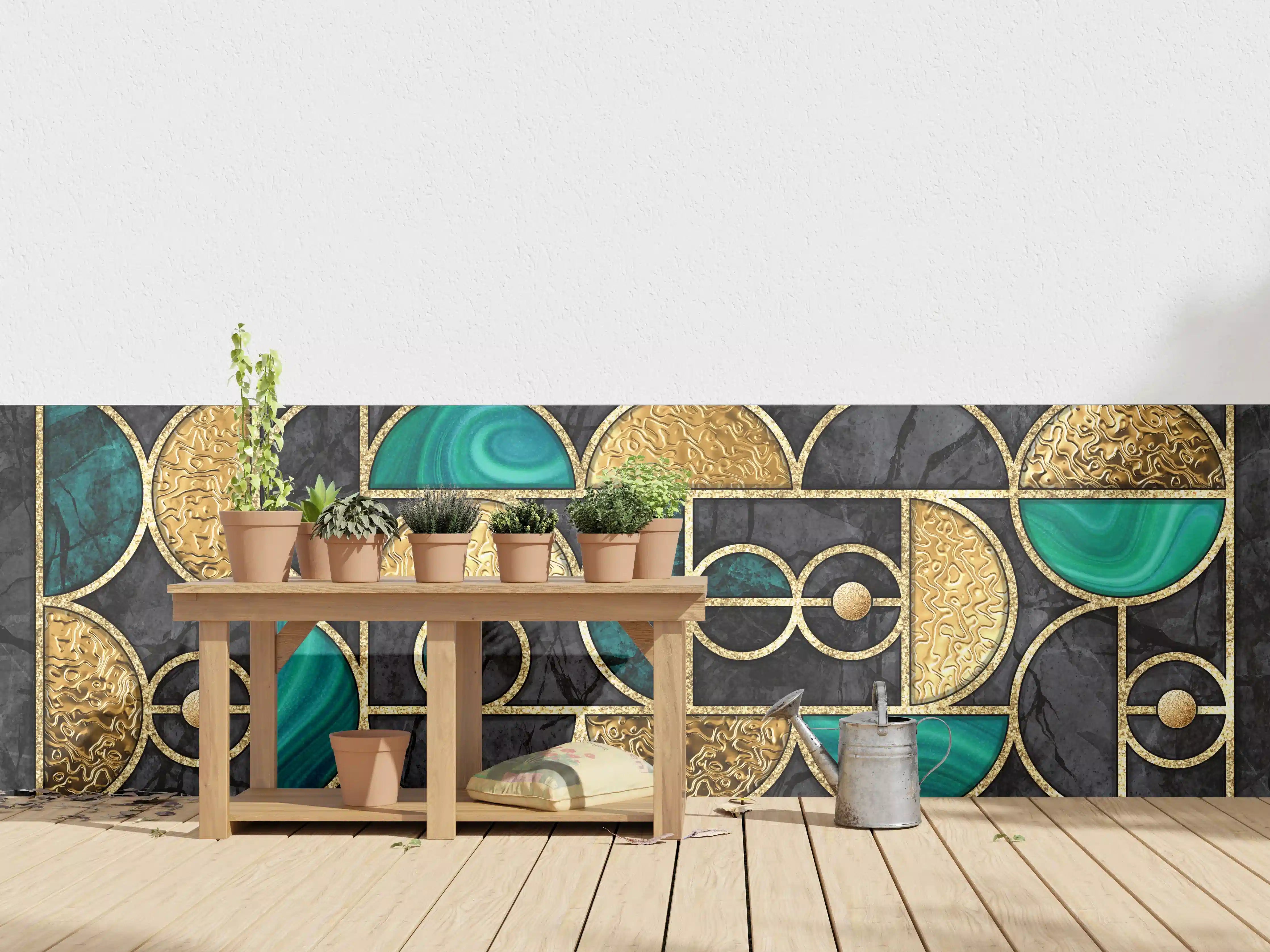 Wandverkleidung außen - Abstrakter Gold-Schwarz-Grün Mosaik