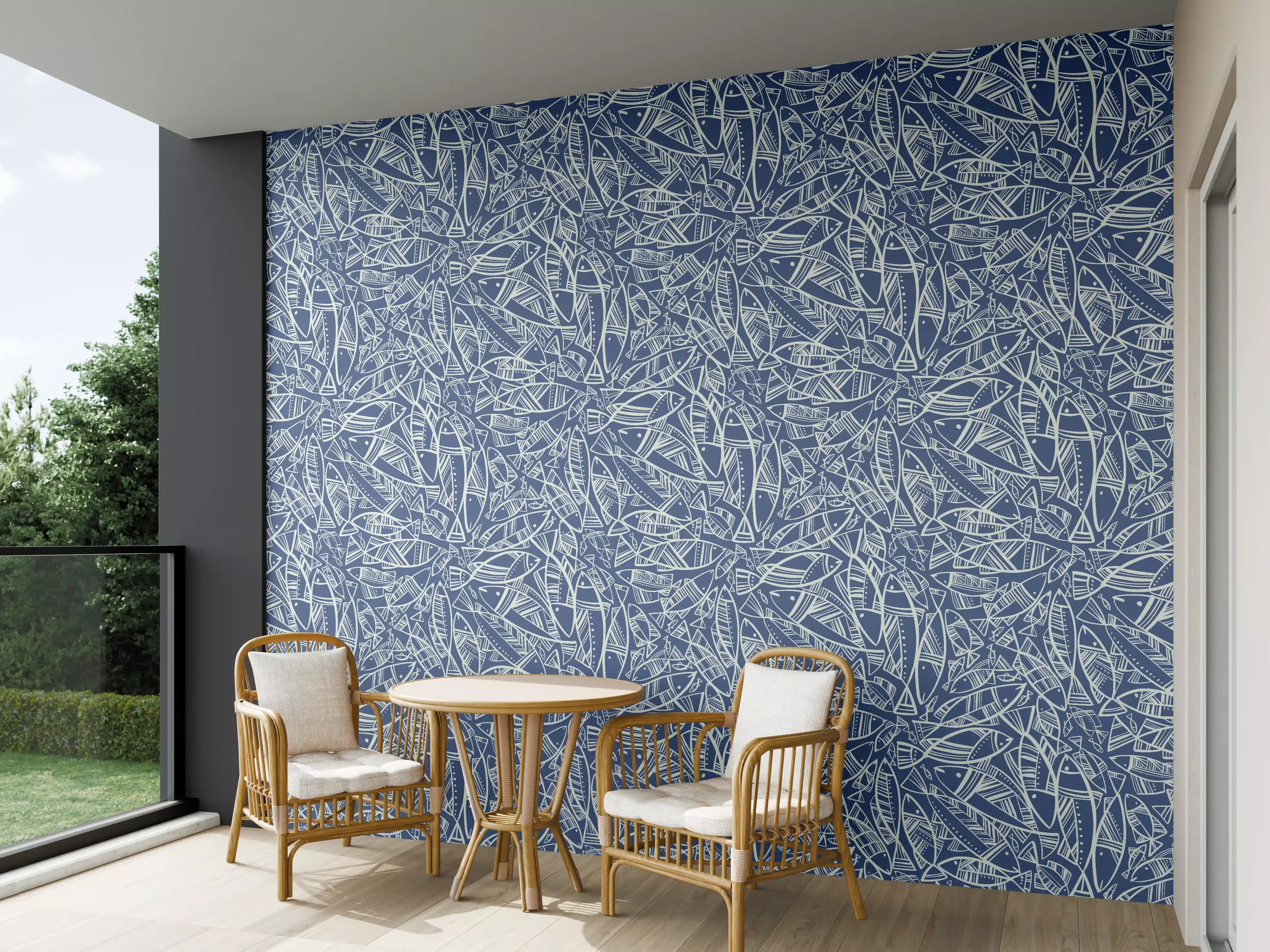 Wandverkleidung außen - Abstraktes Fischmuster Blau