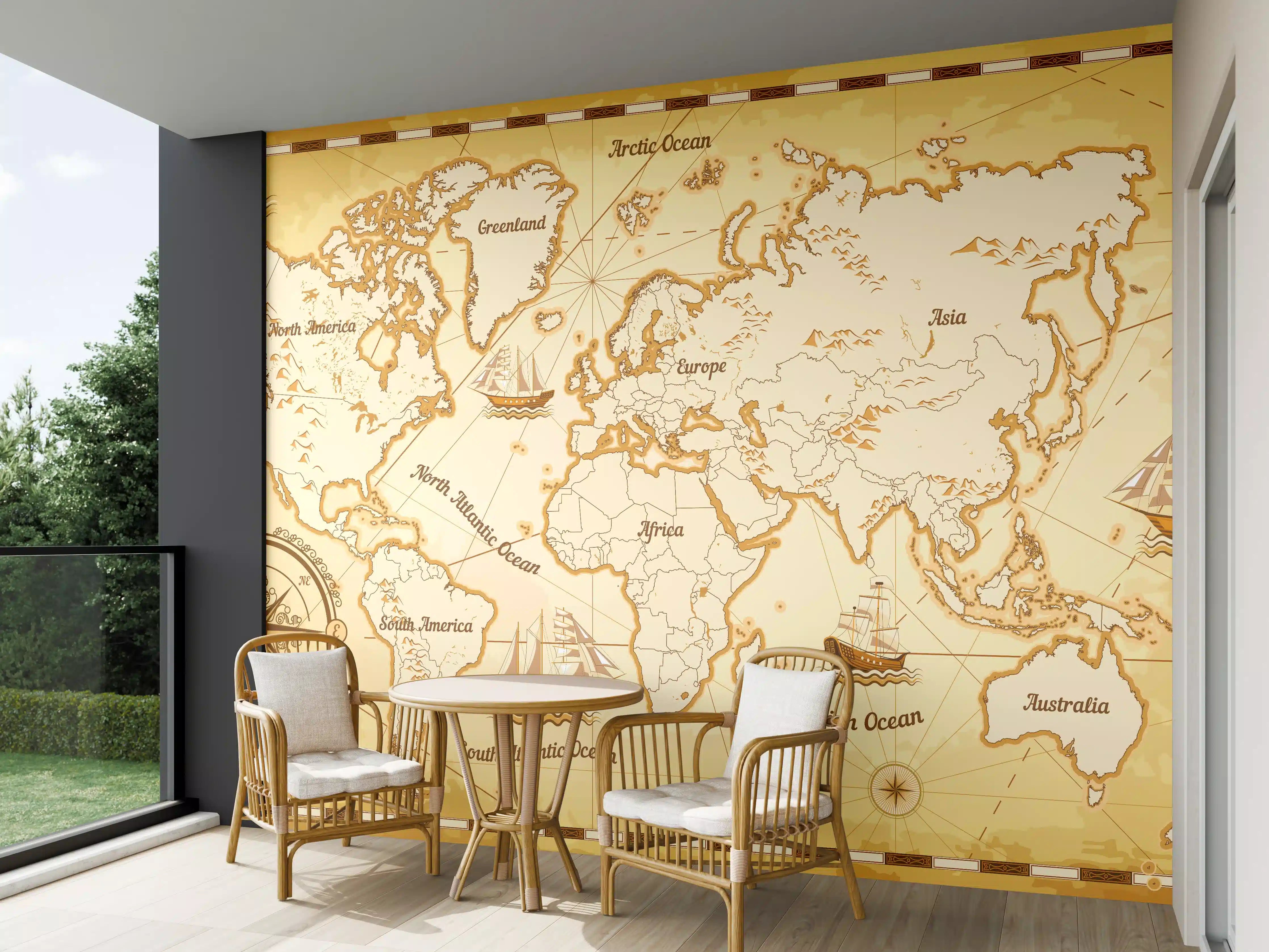 Wandverkleidung außen - Alte Weltkarte mit urigen Meereskarten-Details