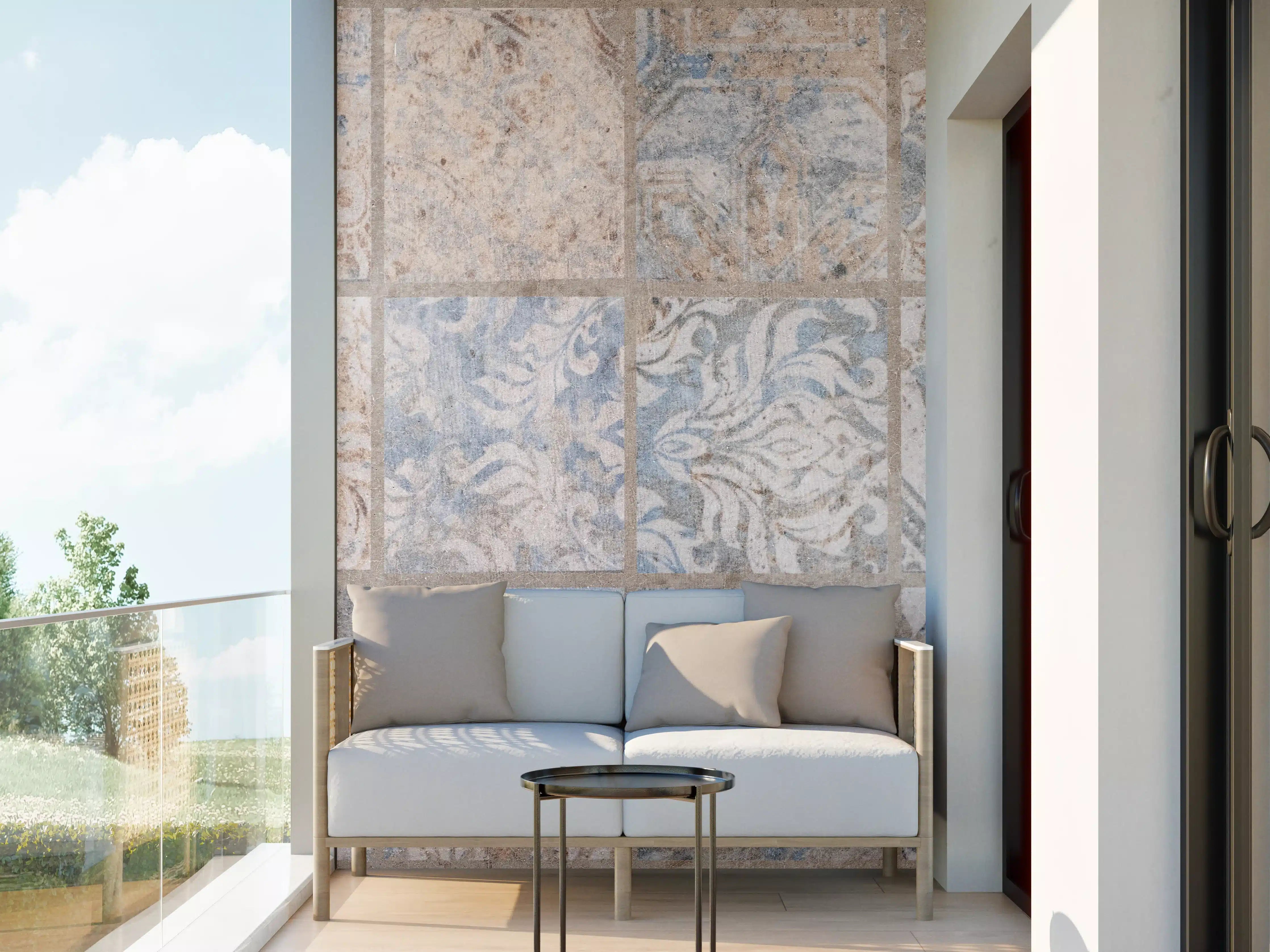 Wandverkleidung außen - Altes blau-braun Patchwork Motiv