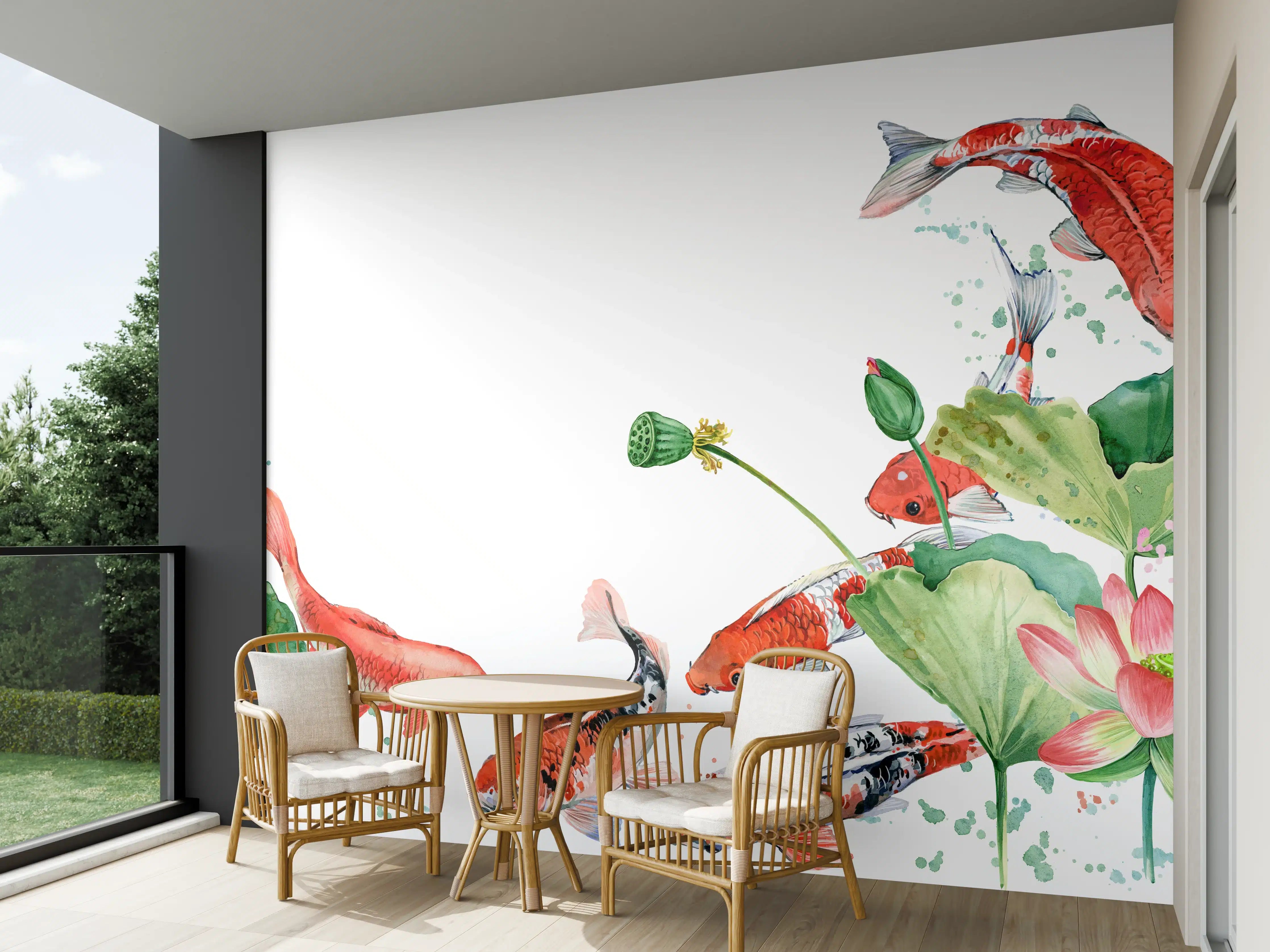 Wandverkleidung außen - Aquarell Koi Karpfen und Lotusblume