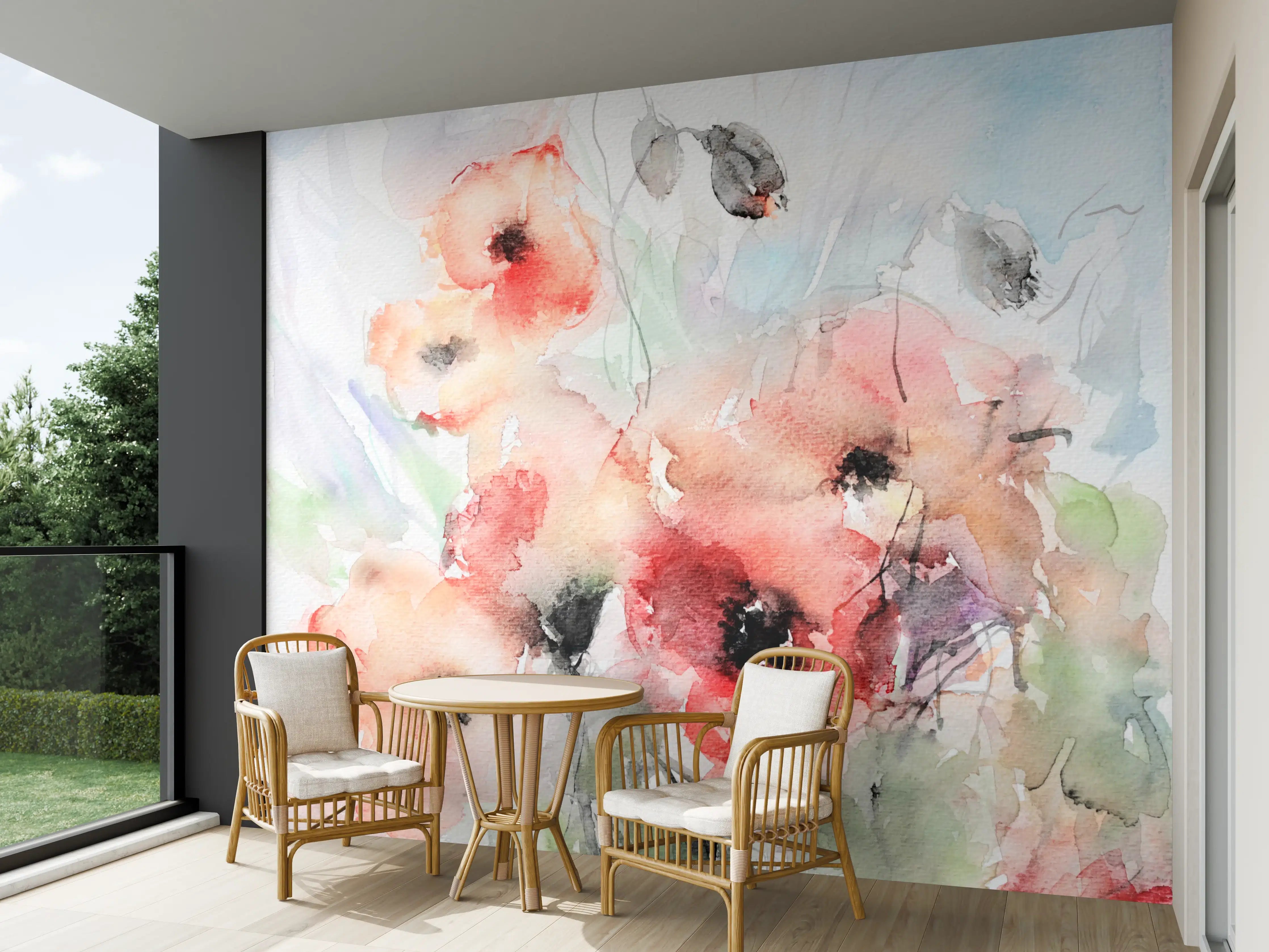 Wandverkleidung außen - Aquarellartige Blumenmalerei in Pastellfarben