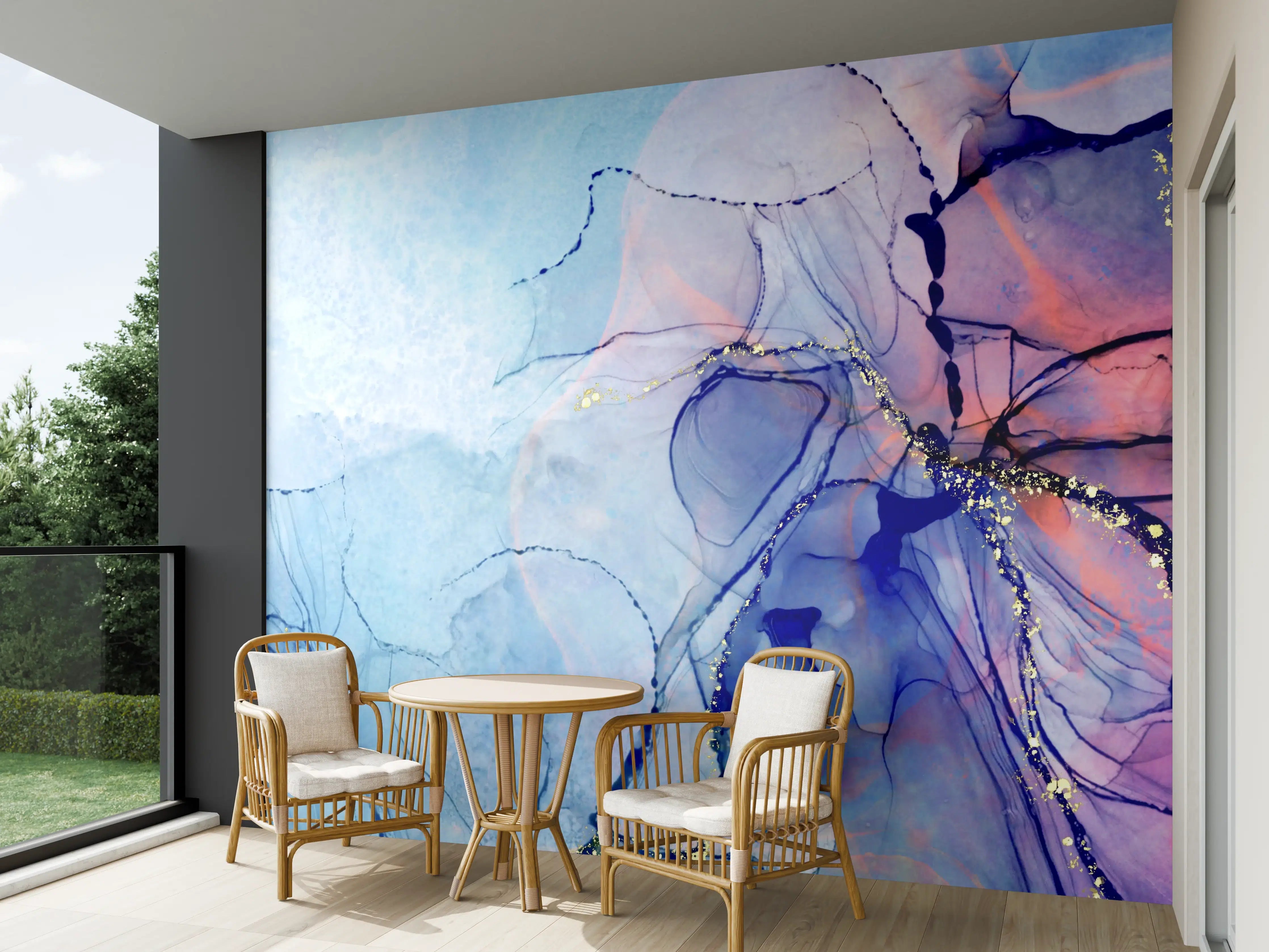 Wandverkleidung außen - Aquarellkunst in Blau und Rosa mit Goldakzenten