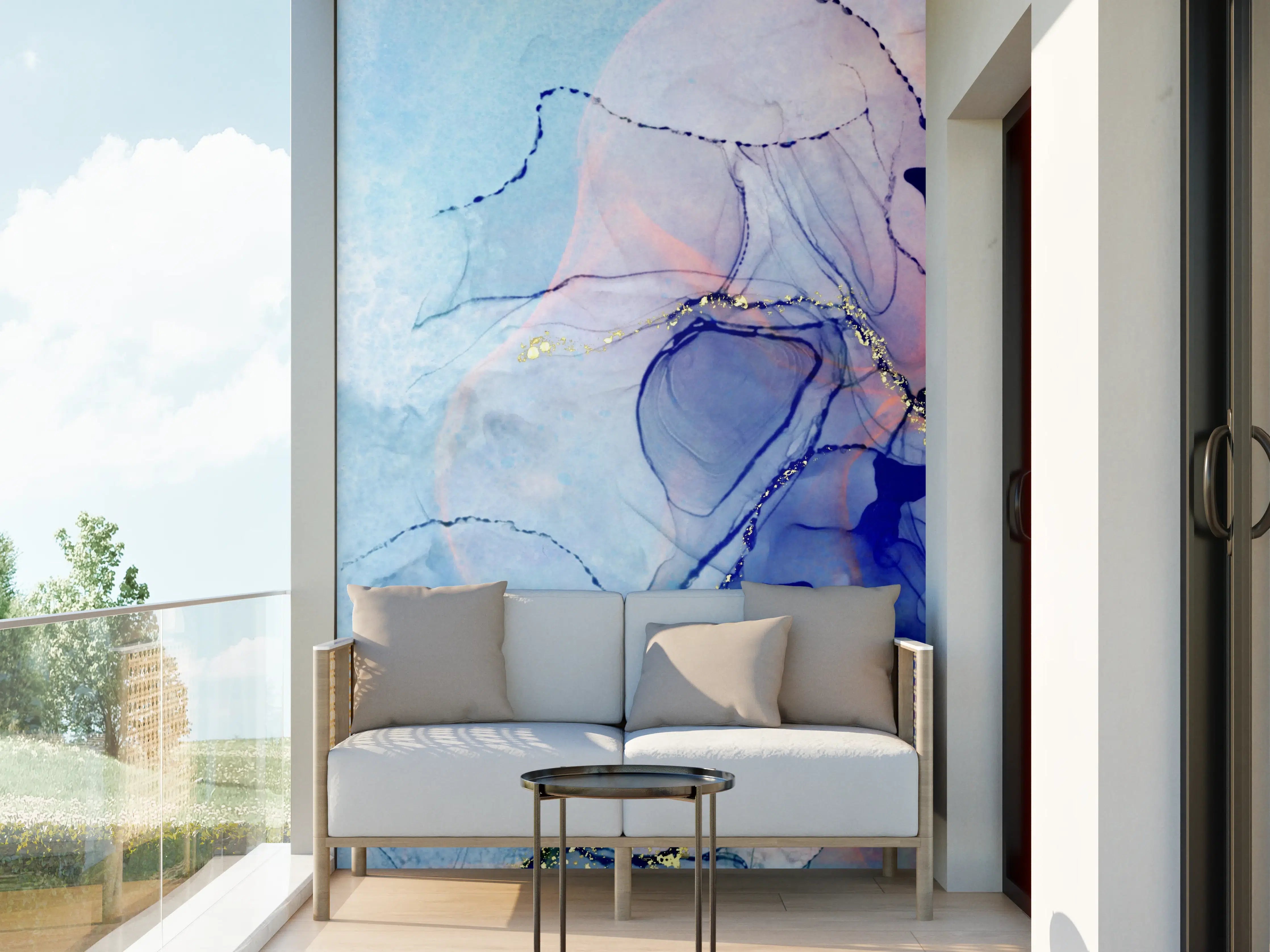 Wandverkleidung außen - Aquarellkunst in Blau und Rosa mit Goldakzenten