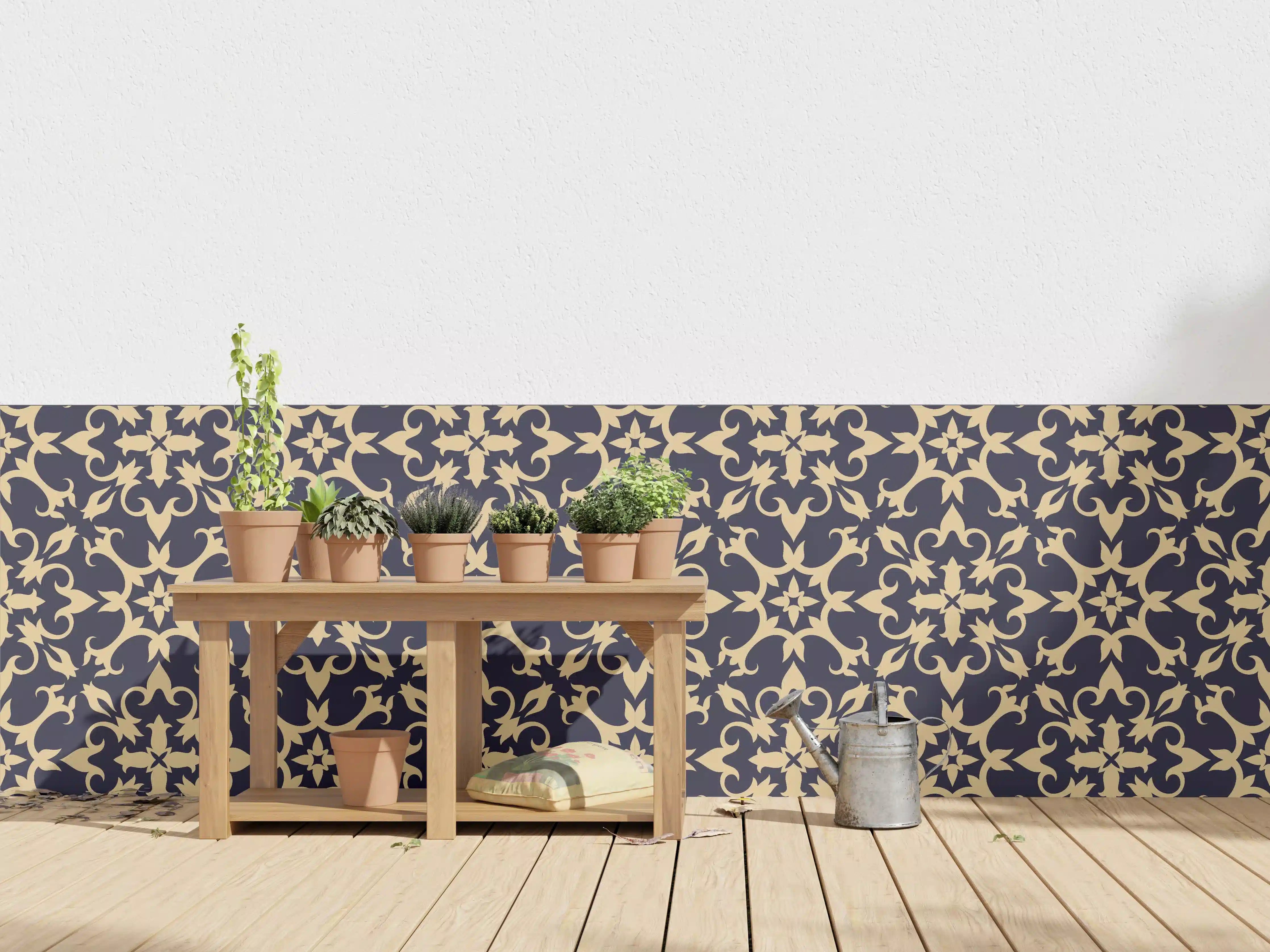 Wandverkleidung außen - Barockes Blau-Gold Muster
