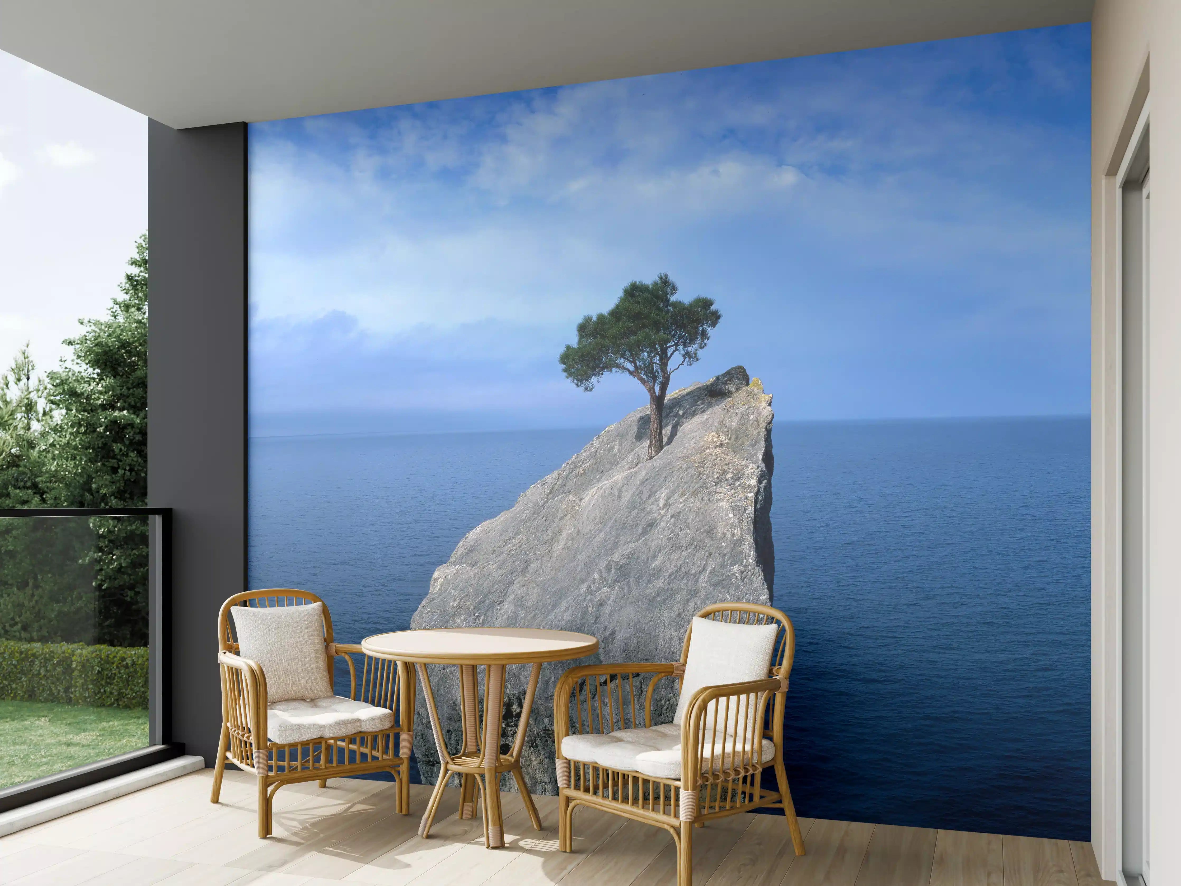 Wandverkleidung außen - Baum auf Fels mitten im Ozean