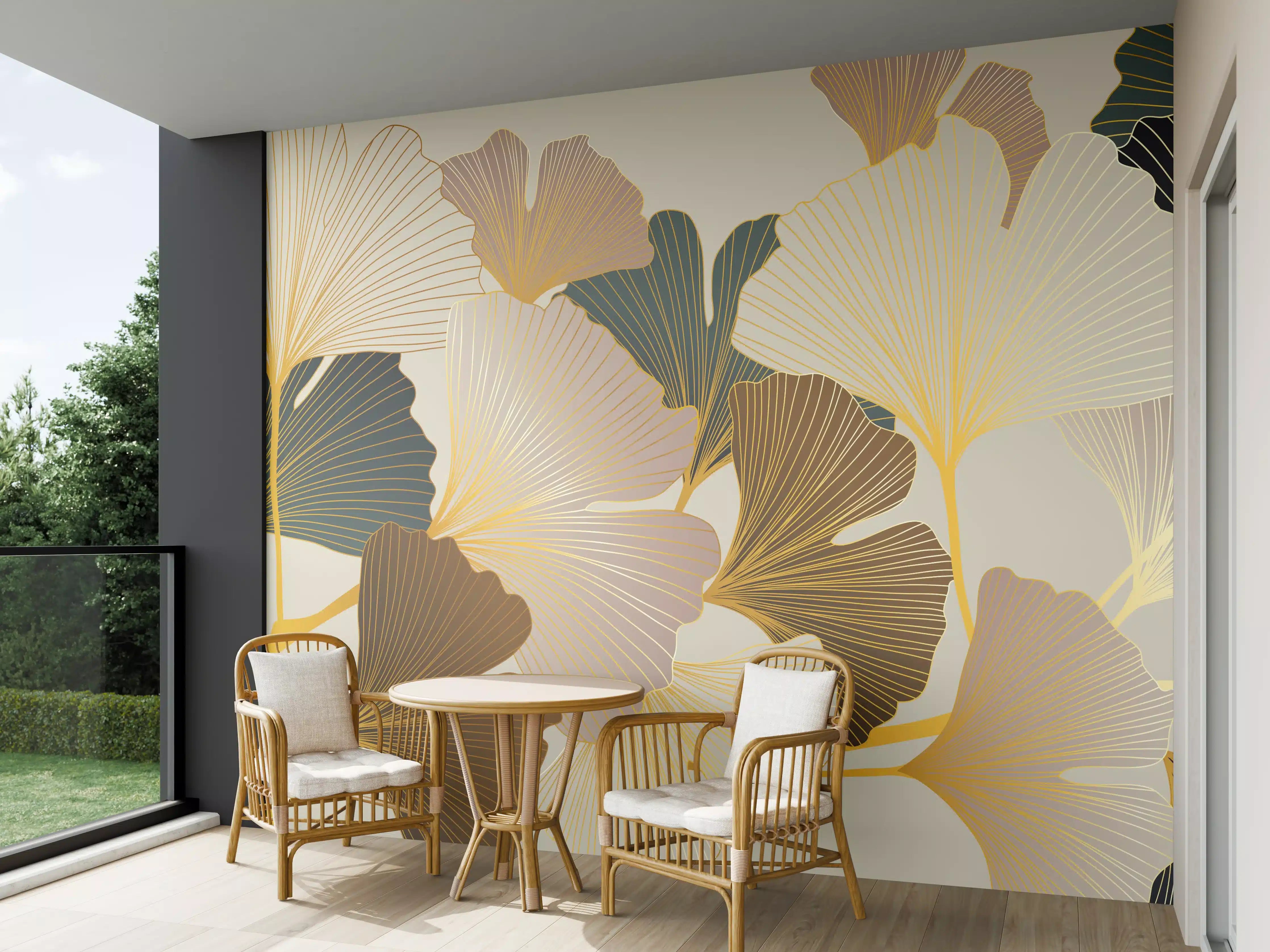 Wandverkleidung außen - Beige Ginkgo Blattmuster Tapete