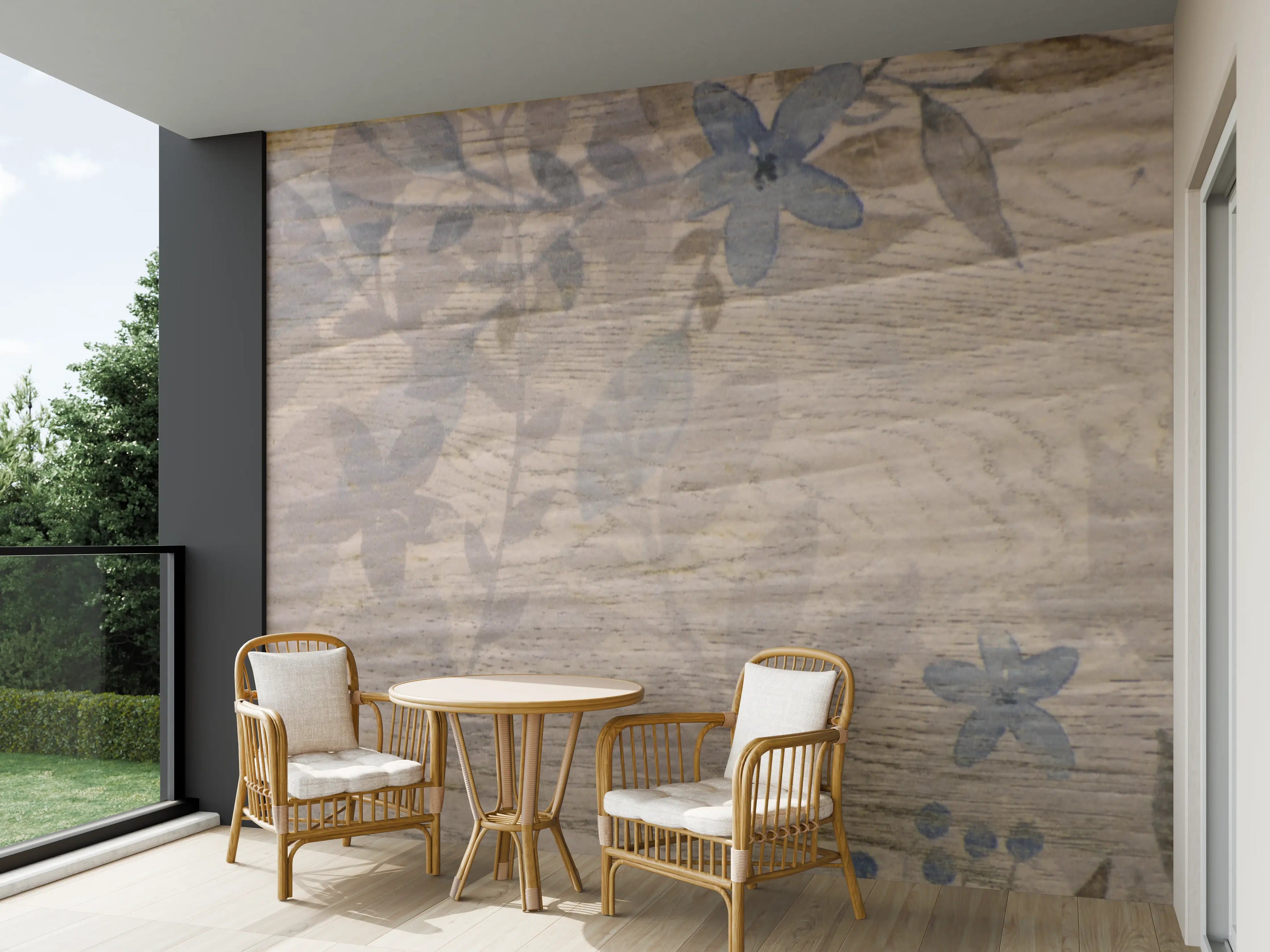 Wandverkleidung außen - Beige Holzpaneel mit floralen Mustern