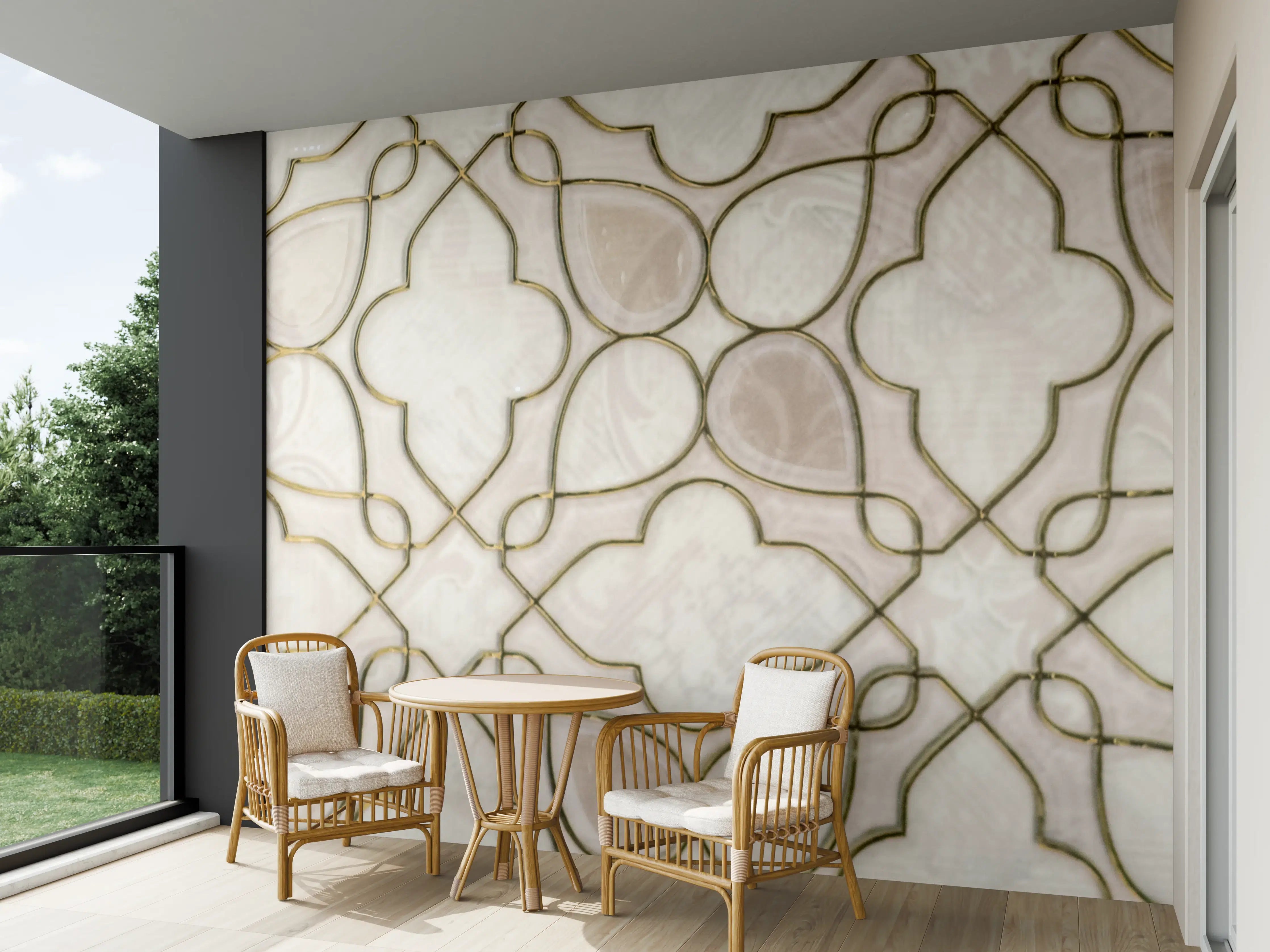 Wandverkleidung außen - Beige Ornamentmuster mit Goldakzenten