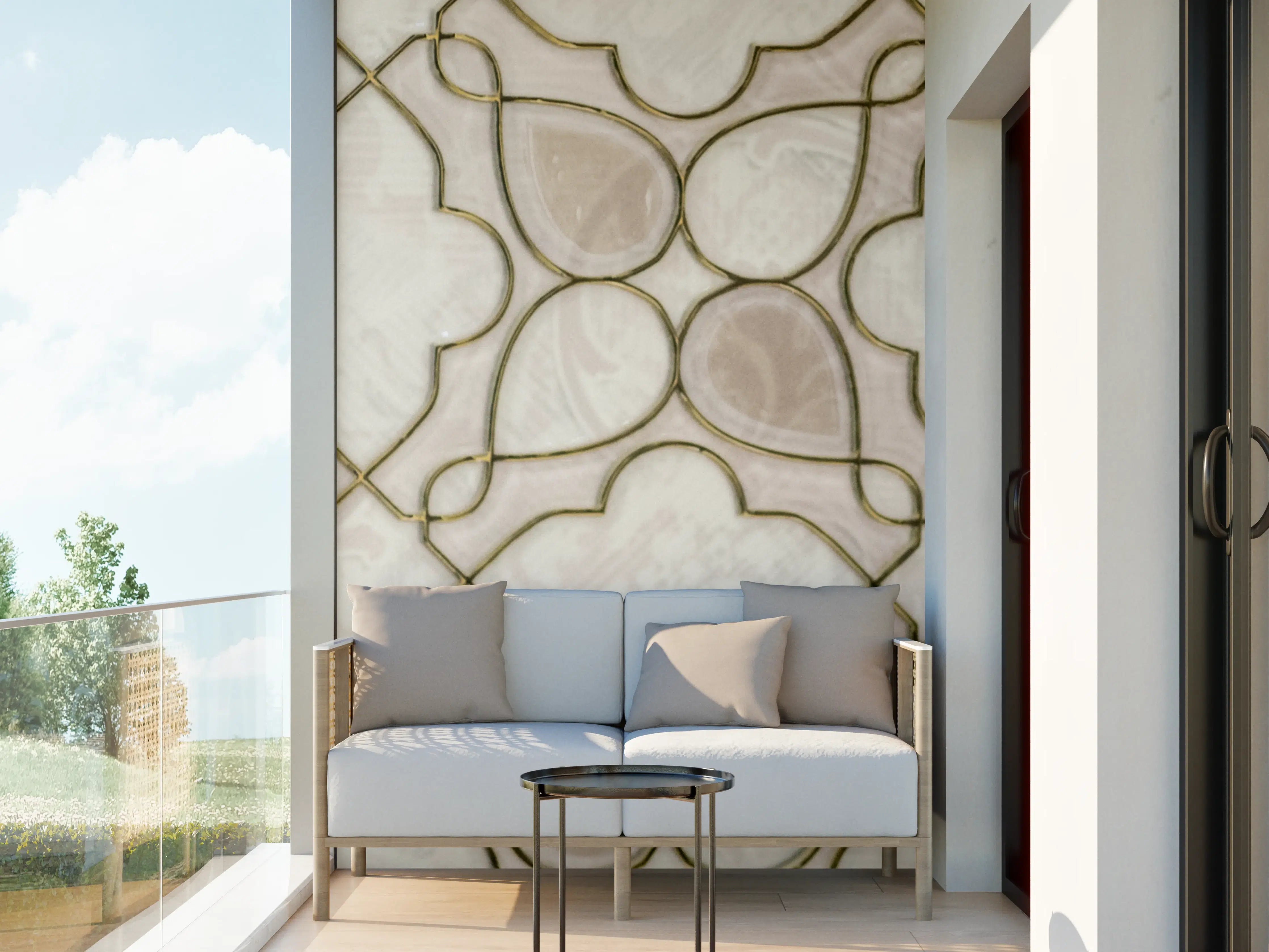 Wandverkleidung außen - Beige Ornamentmuster mit Goldakzenten