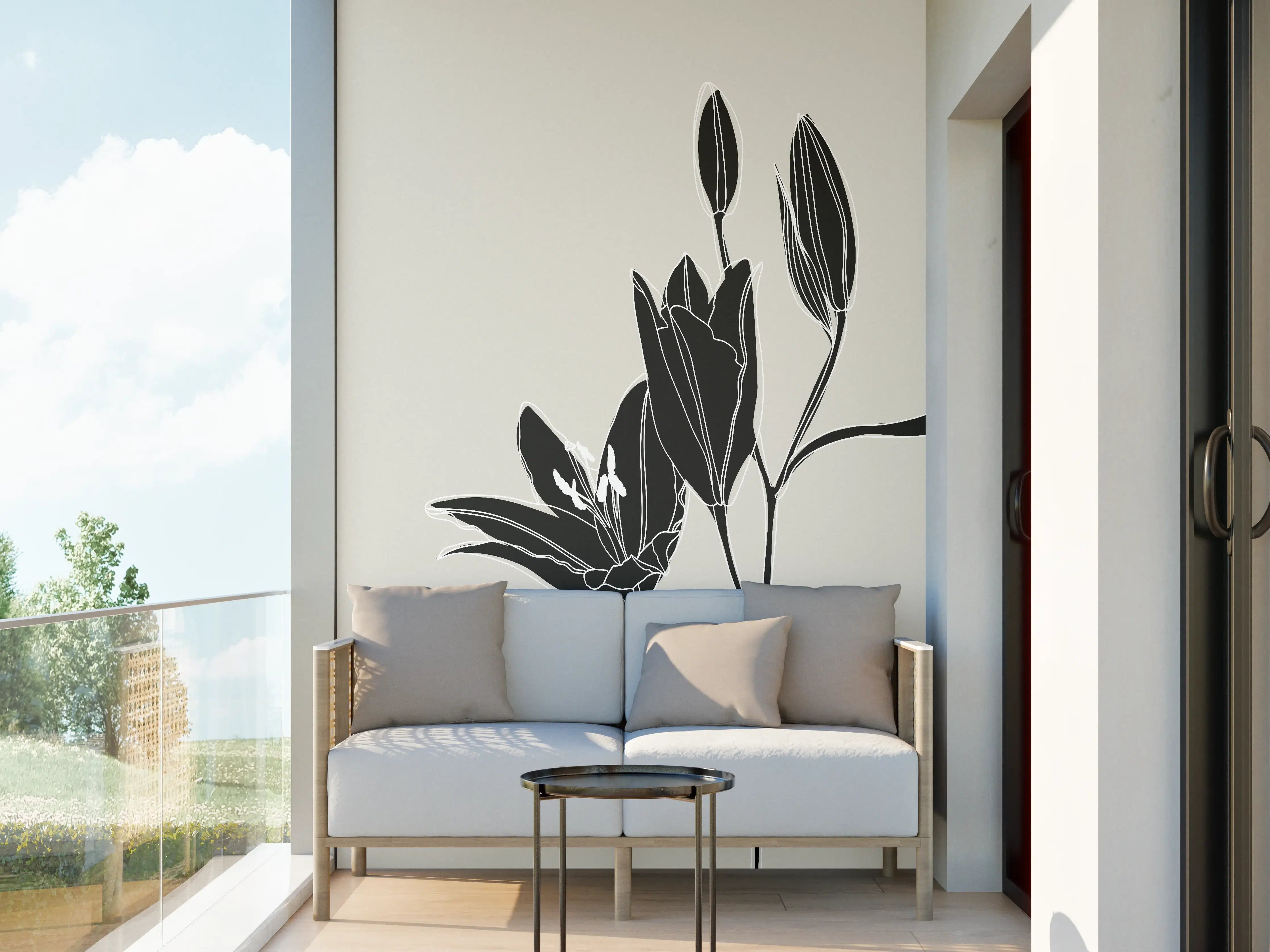 Wandverkleidung außen - Beige Schwarze Lilien Lineart
