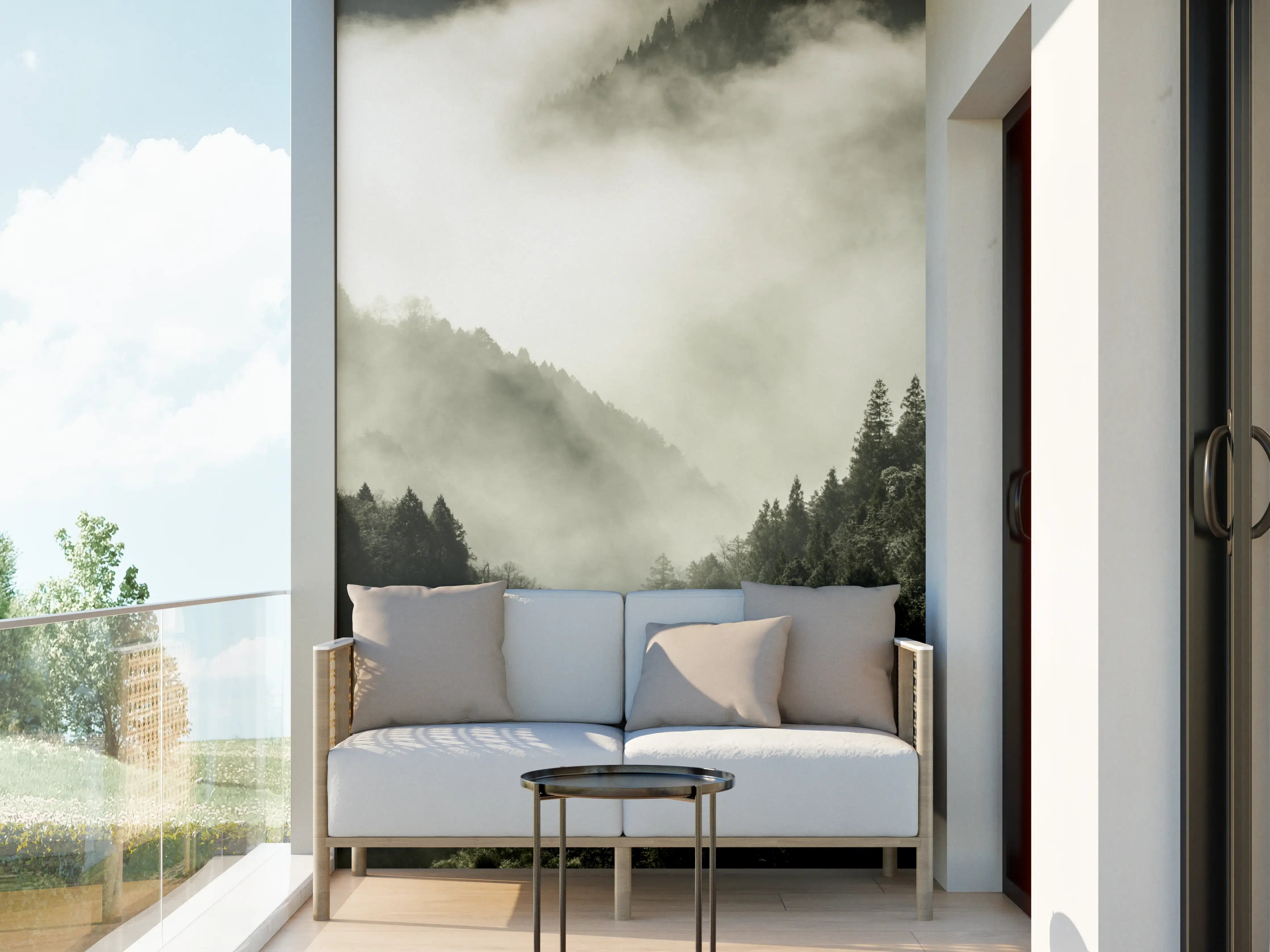 Wandverkleidung außen - Berg bedeckt in Nebel und Wolken