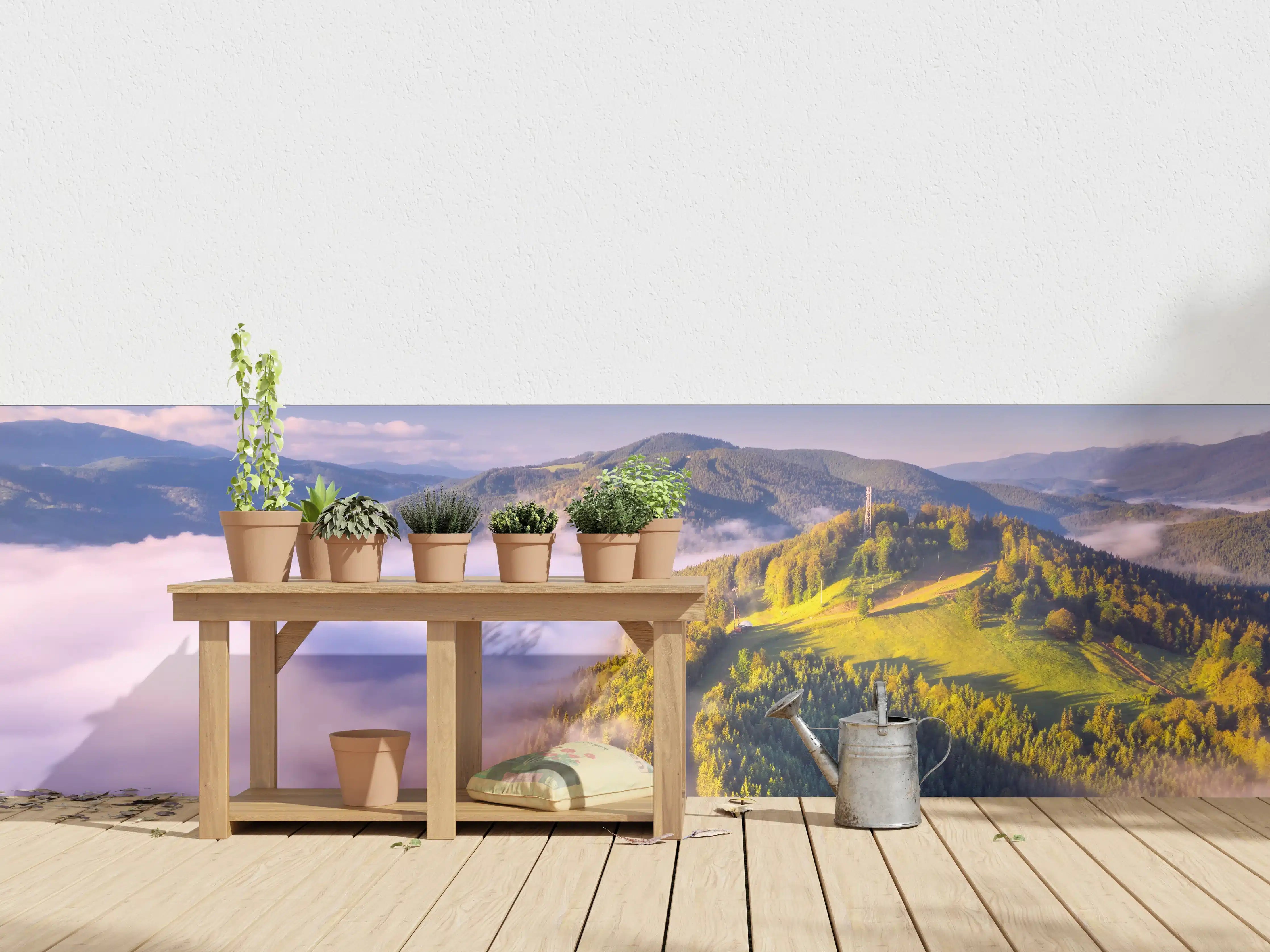 Wandverkleidung außen - Bergpanorama mit Wolken und grünen Hügeln