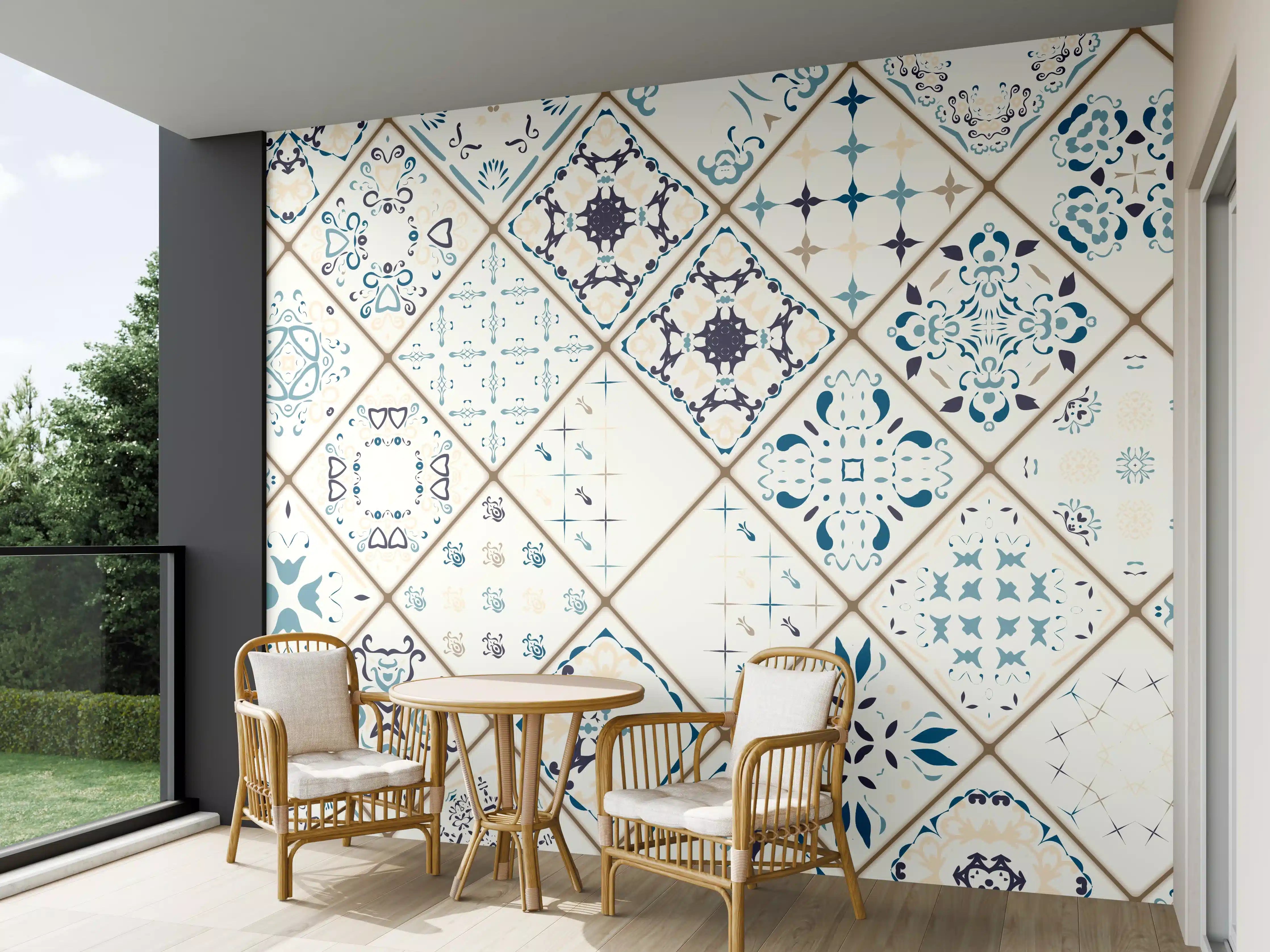 Wandverkleidung außen - Blau-Beige Retro Fliesendesign