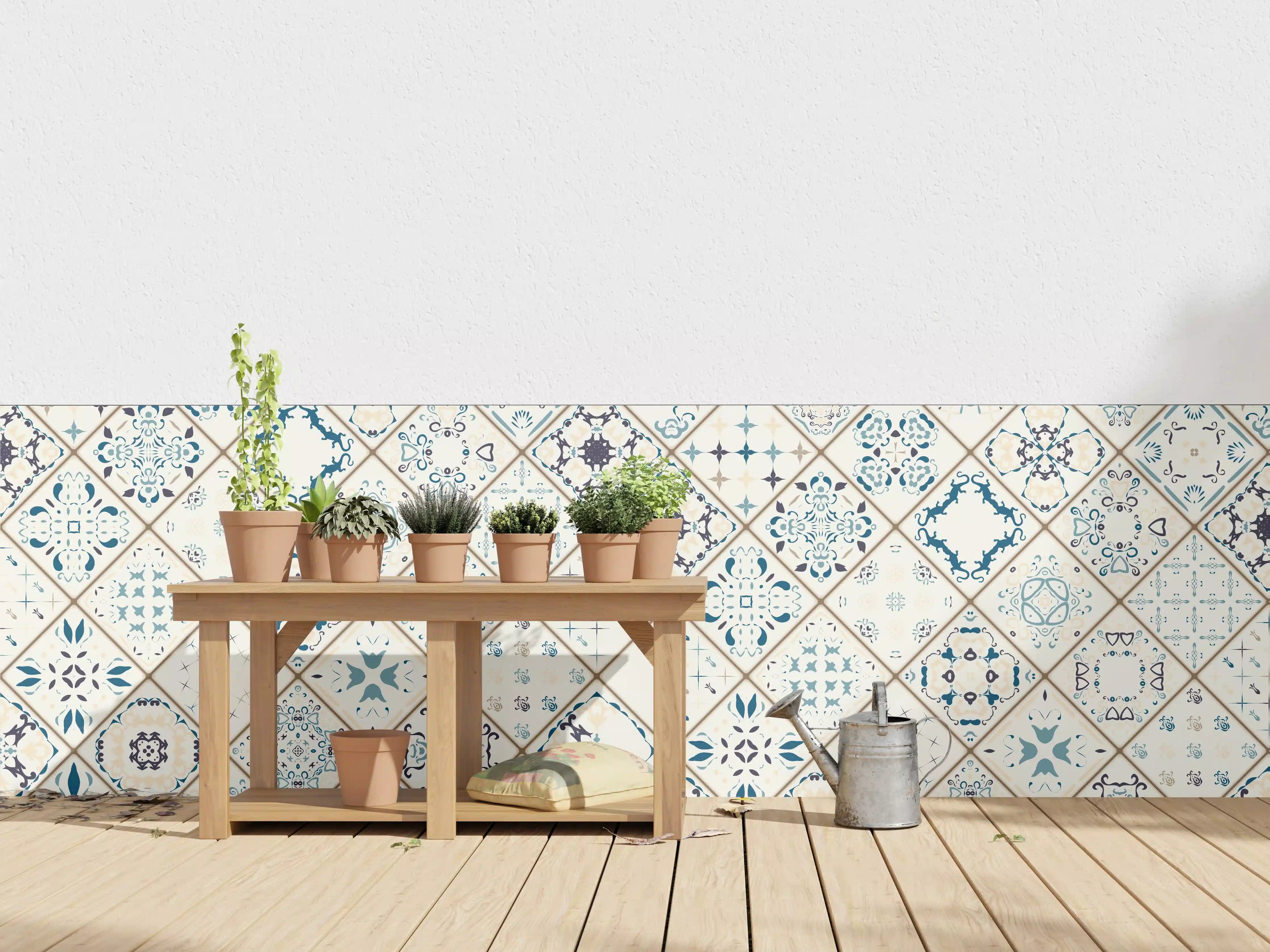 Wandverkleidung außen - Blau-Beige Retro Fliesendesign