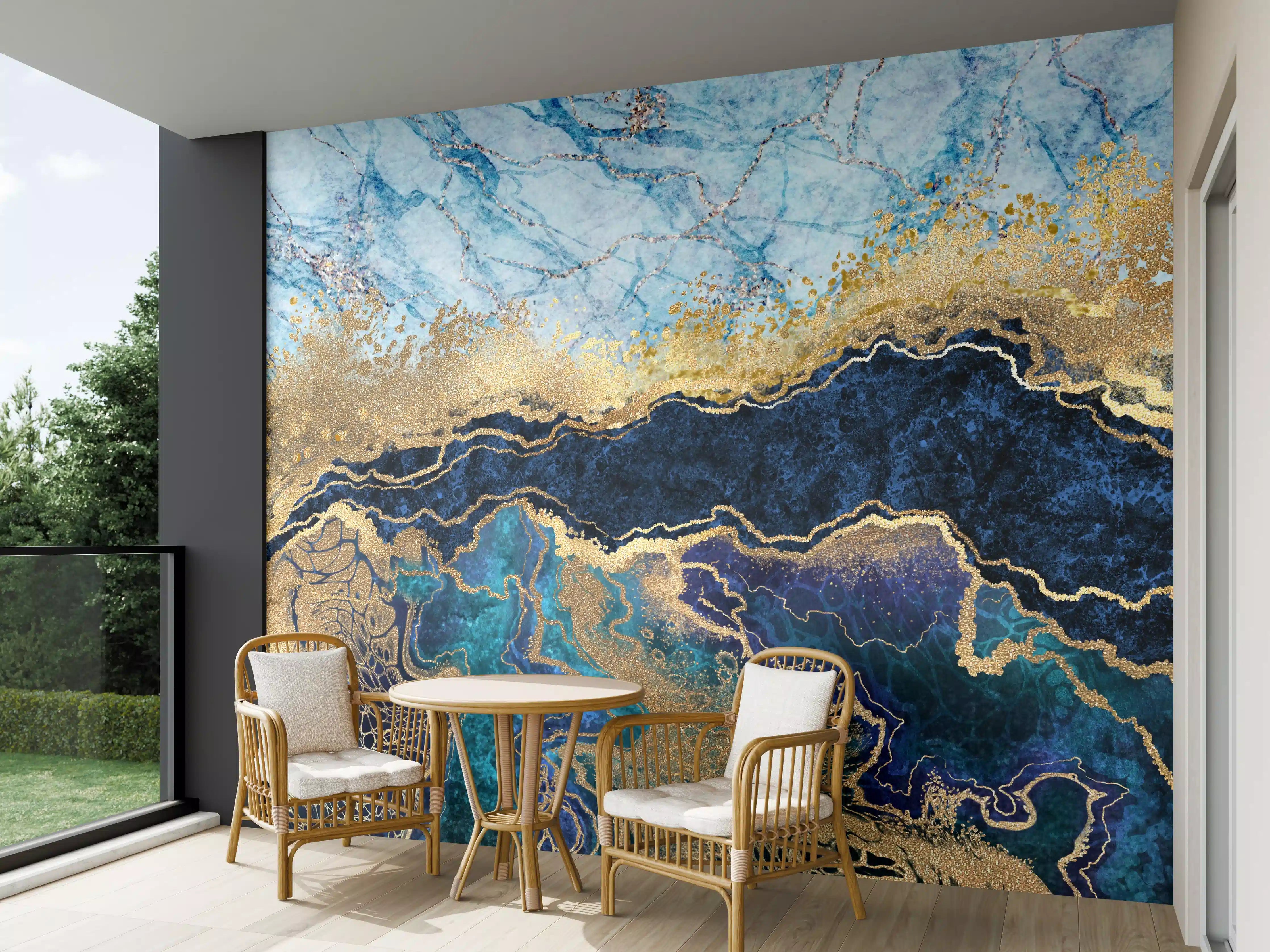 Wandverkleidung außen - Blau-Gold-Marmor-Design
