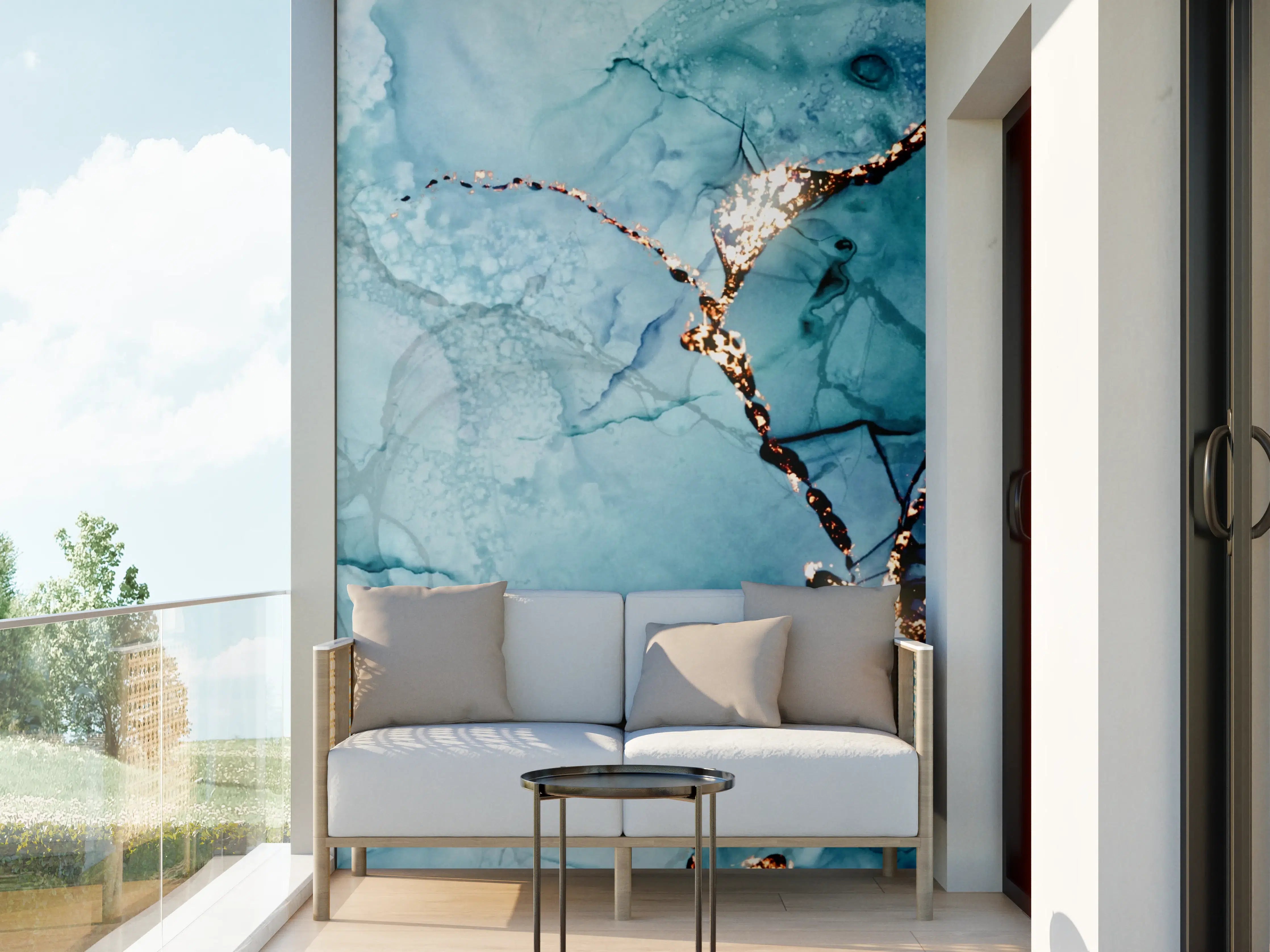 Wandverkleidung außen - Blau-Graue Wasserfarben-Textur mit Goldaczenten