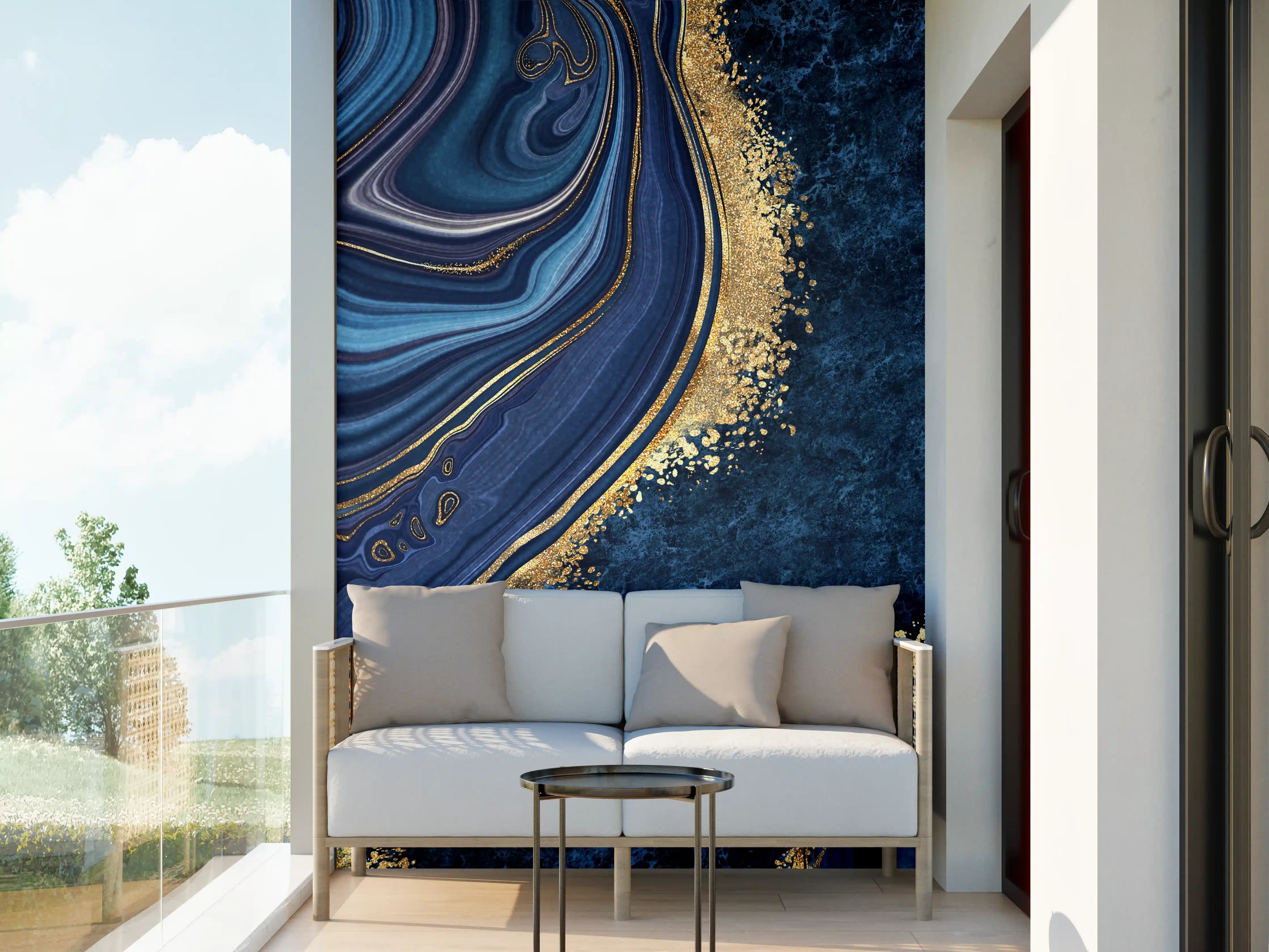 Wandverkleidung außen - Blau goldenes Mosaik Design aus Marmor