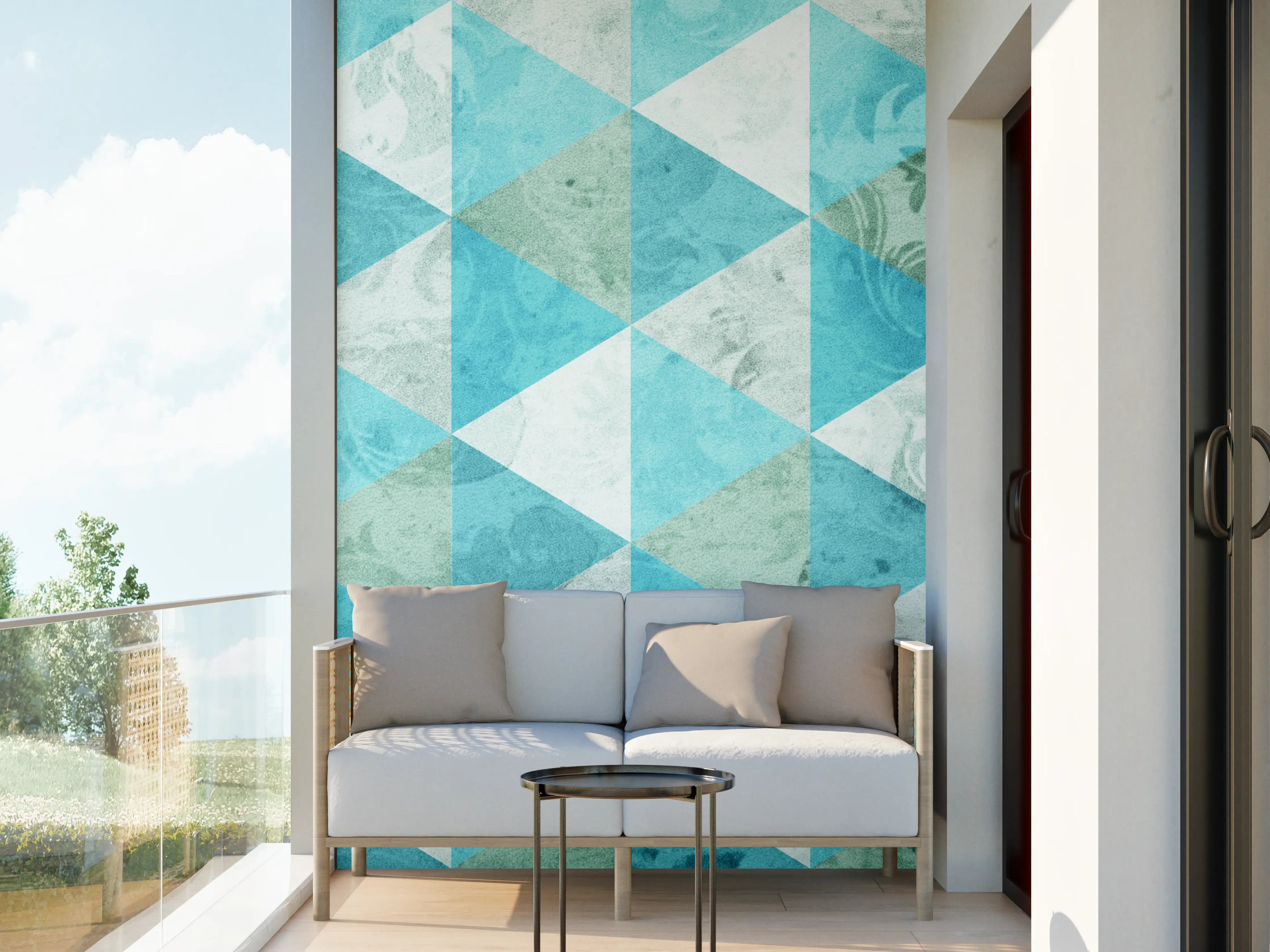 Wandverkleidung außen - Blau-weiße geometrische Fliesenmuster