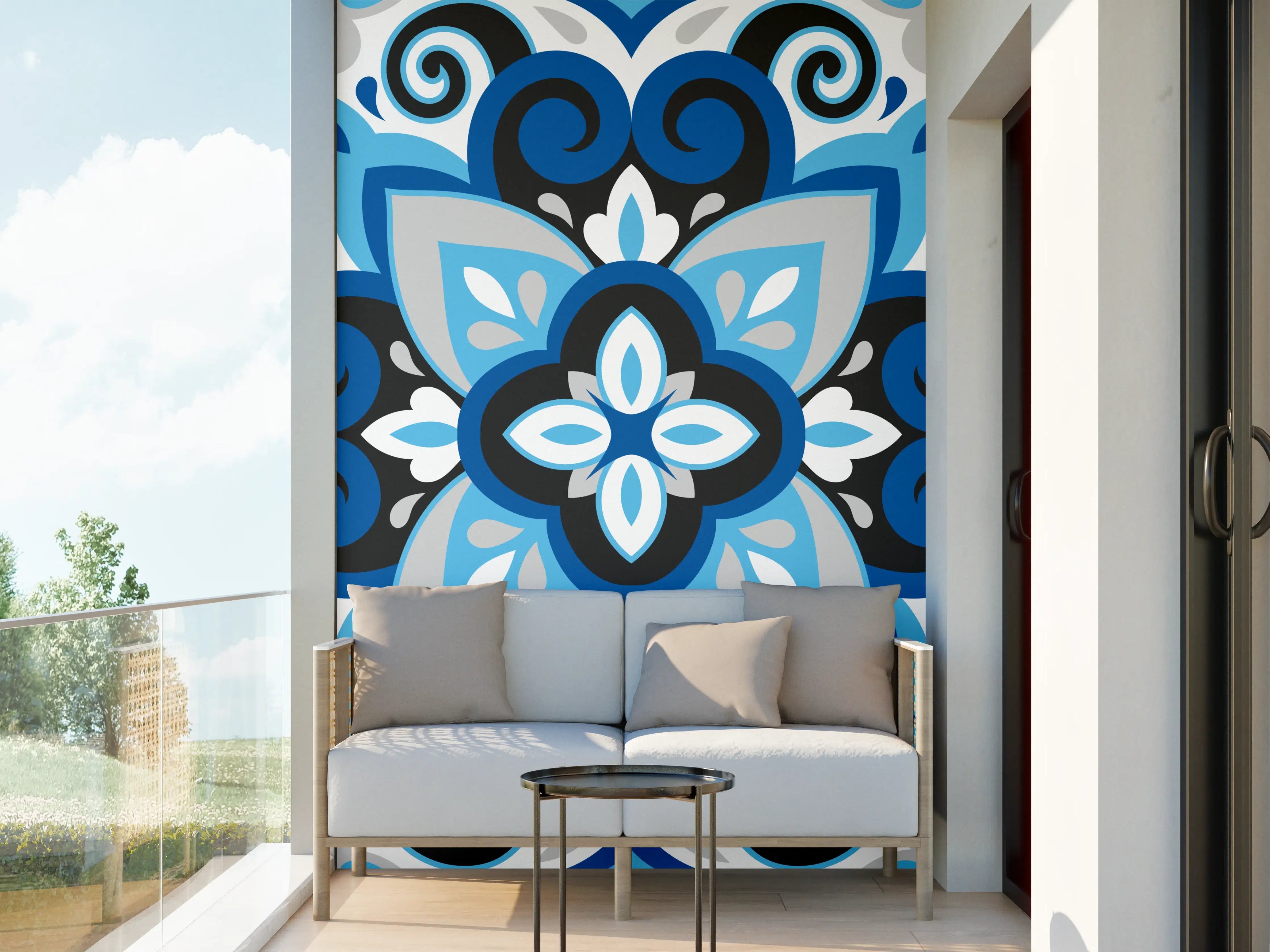 Wandverkleidung außen - Blau-weißes Musterdesign mit subtilen Grautönen