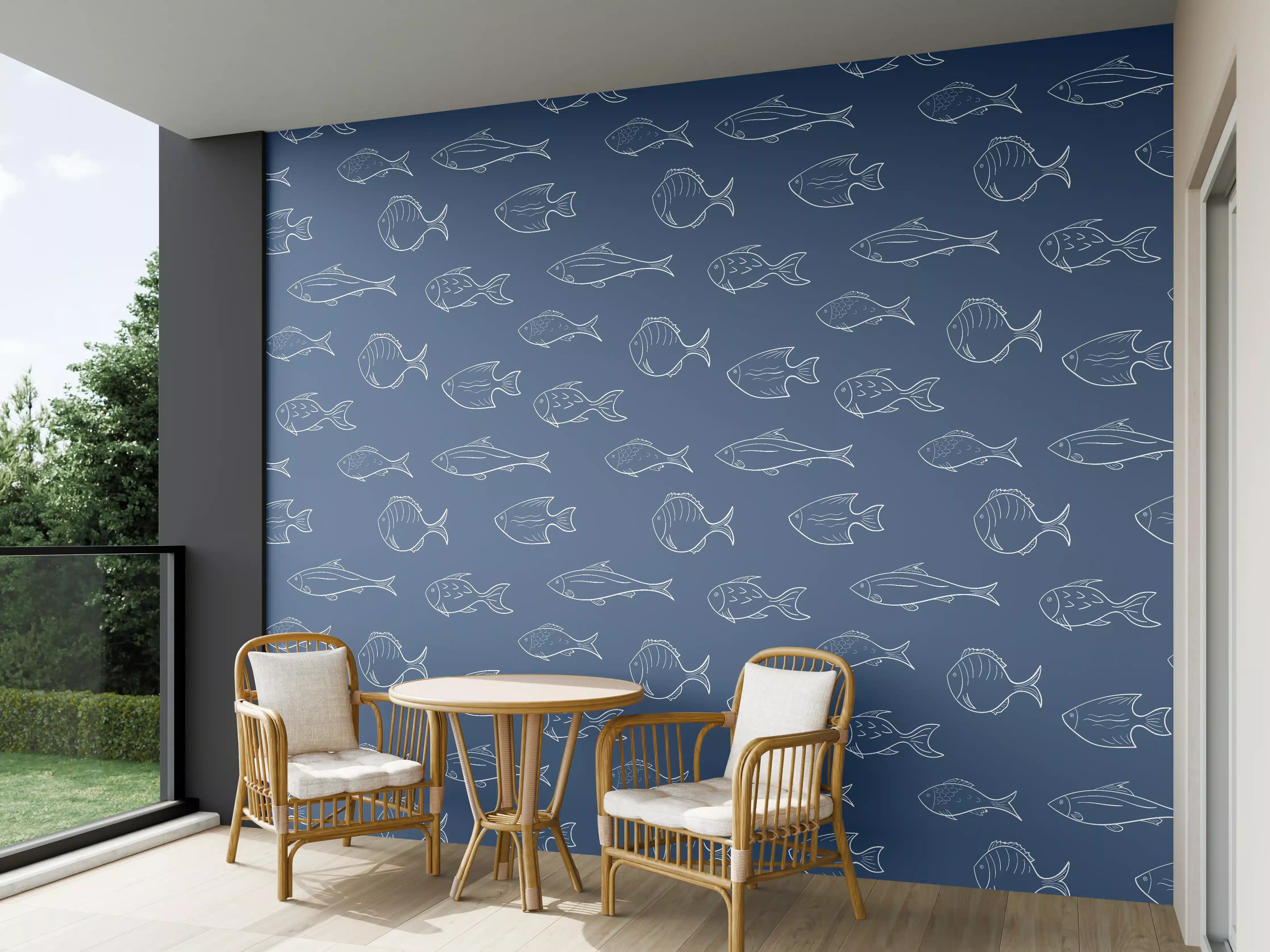 Wandverkleidung außen - Blaue Fischmuster-Wandgestaltung