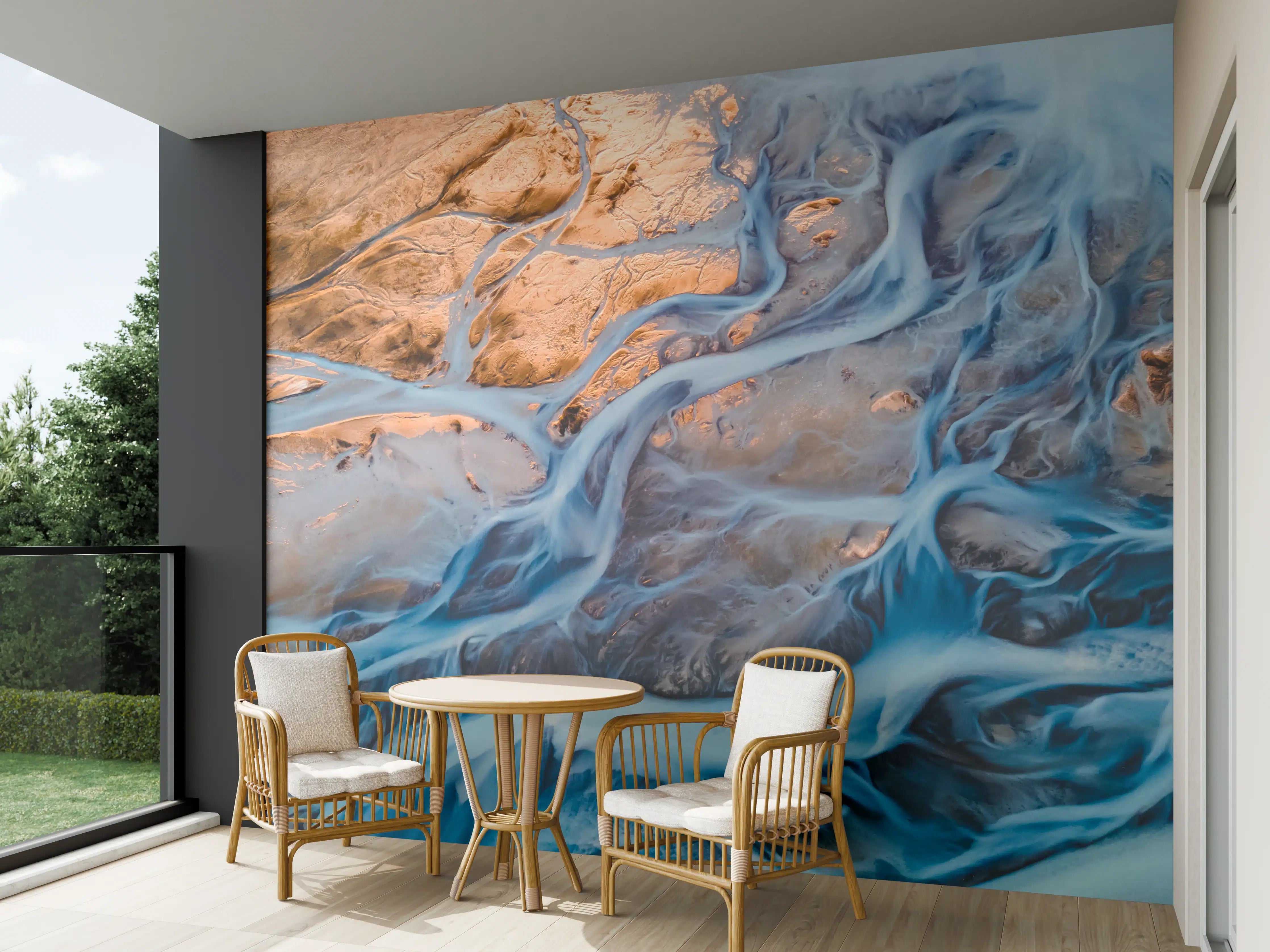 Wandverkleidung außen - Blauer Flusslauf in Wüstenlandschaft