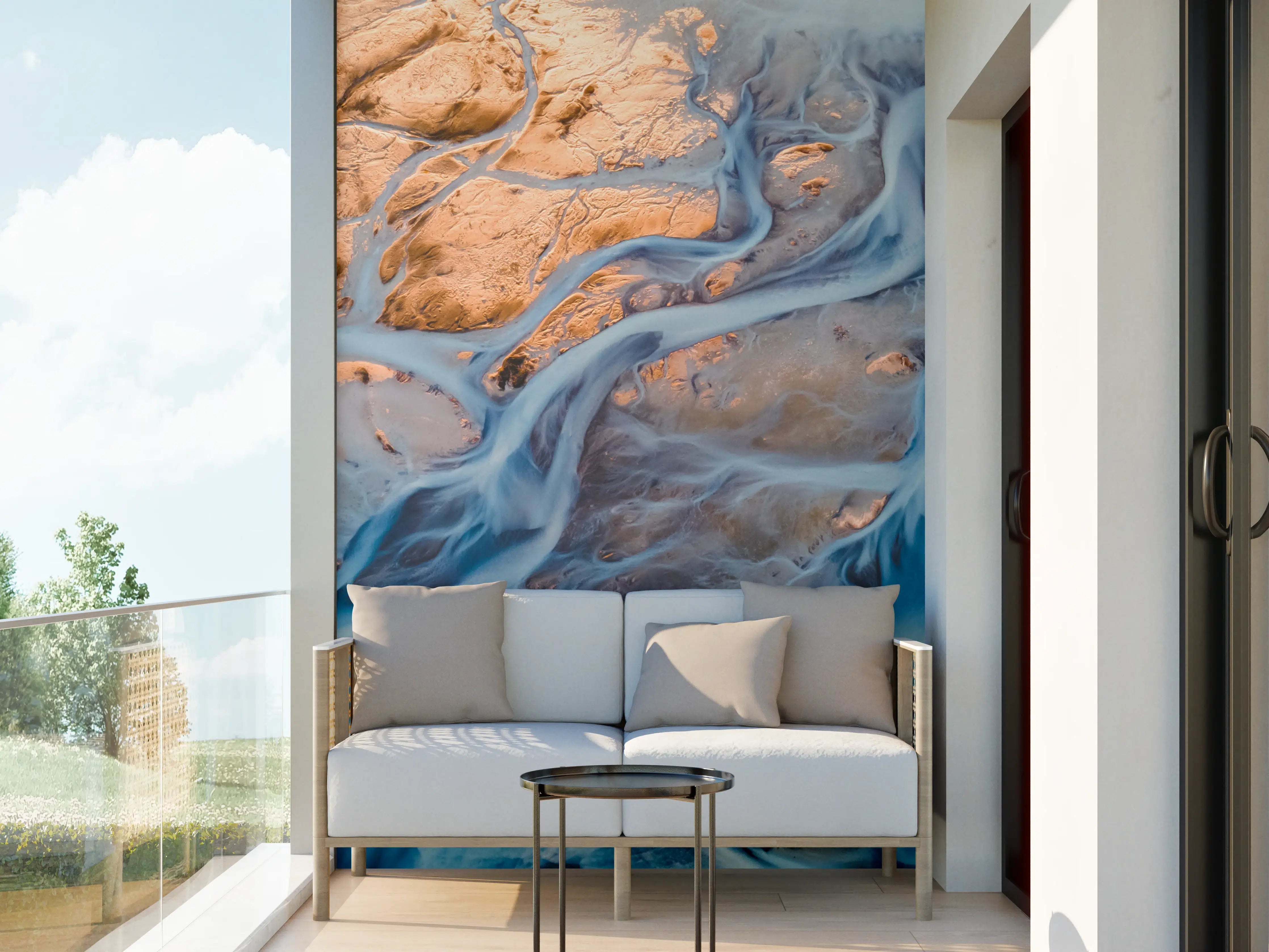 Wandverkleidung außen - Blauer Flusslauf in Wüstenlandschaft