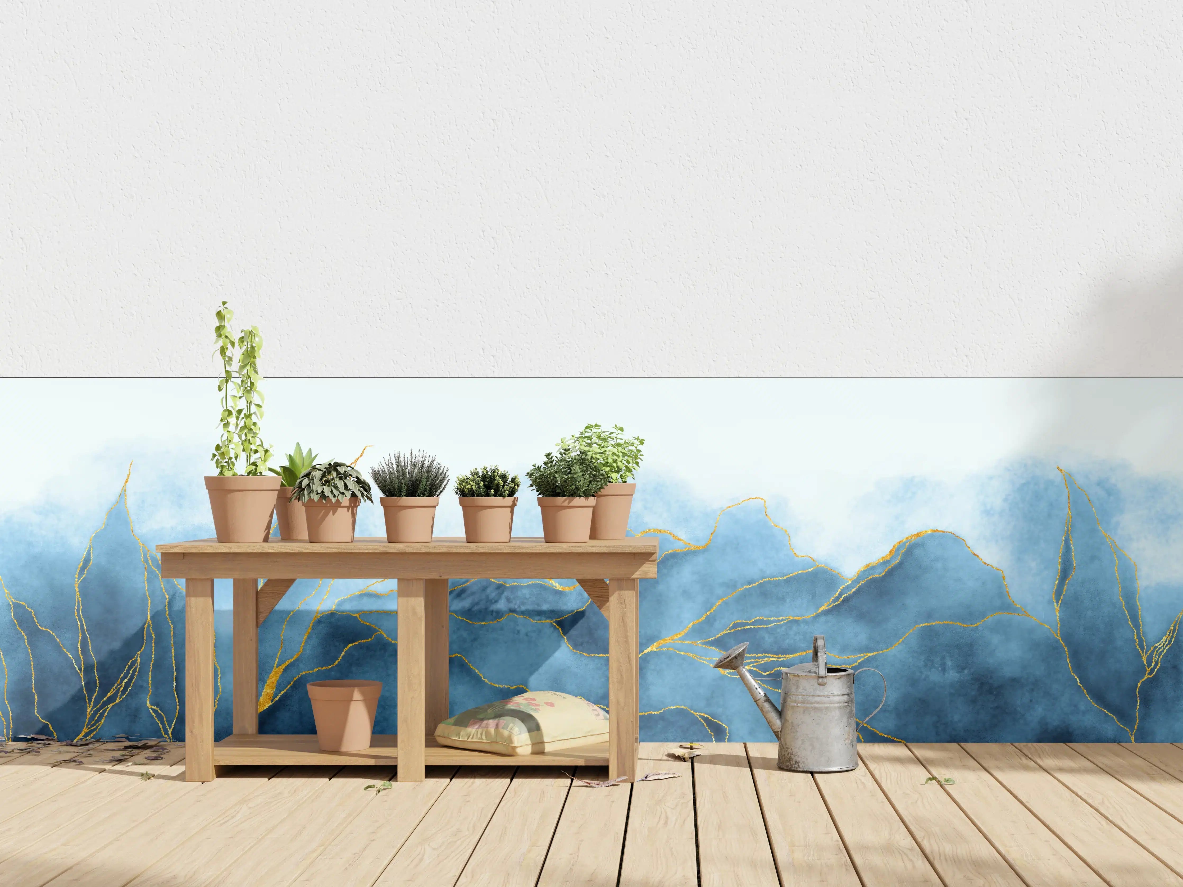 Wandverkleidung außen - Blaues Aquarell mit Goldelementen