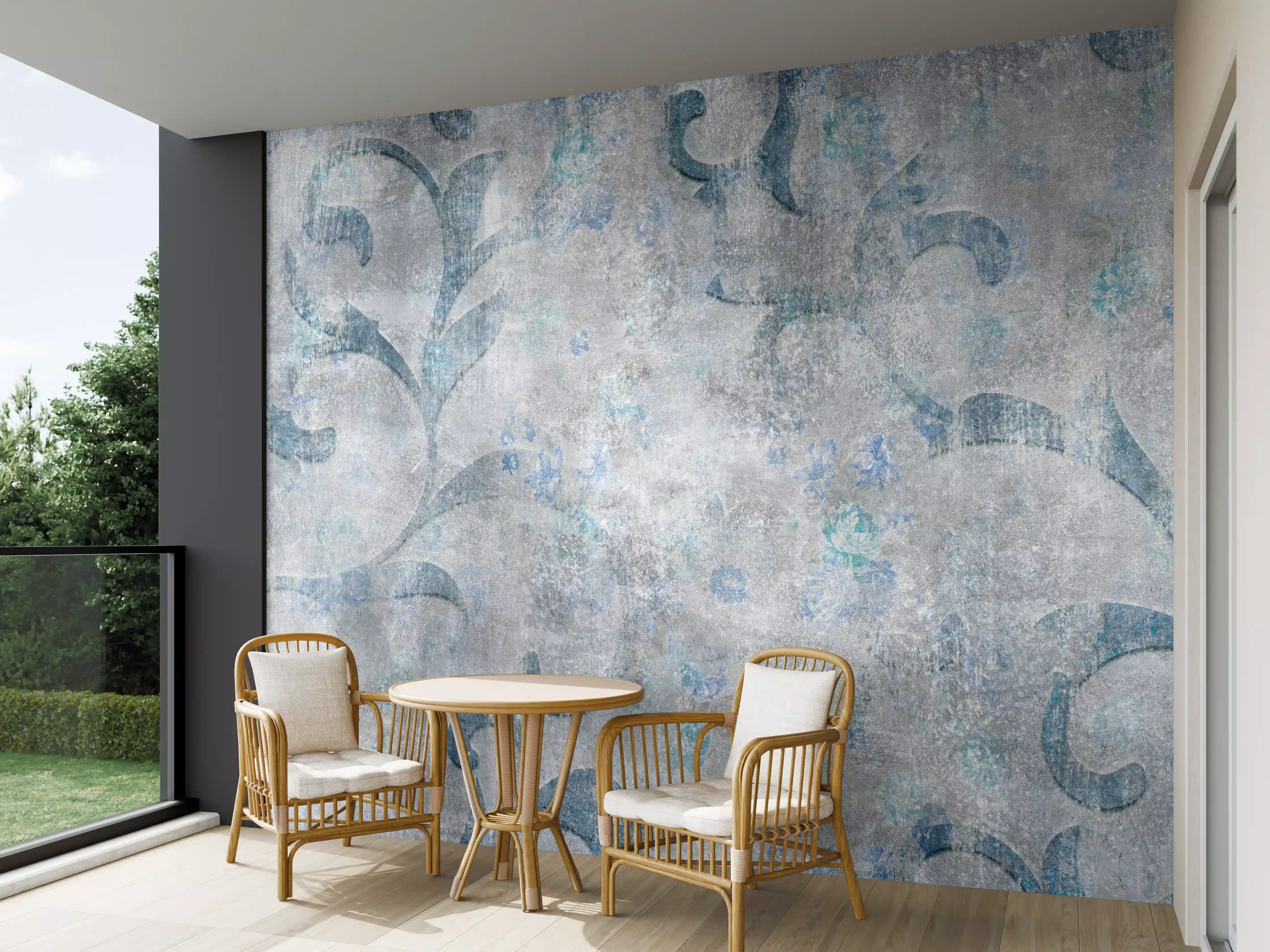 Wandverkleidung außen - Blaues Blätter Muster - Zement