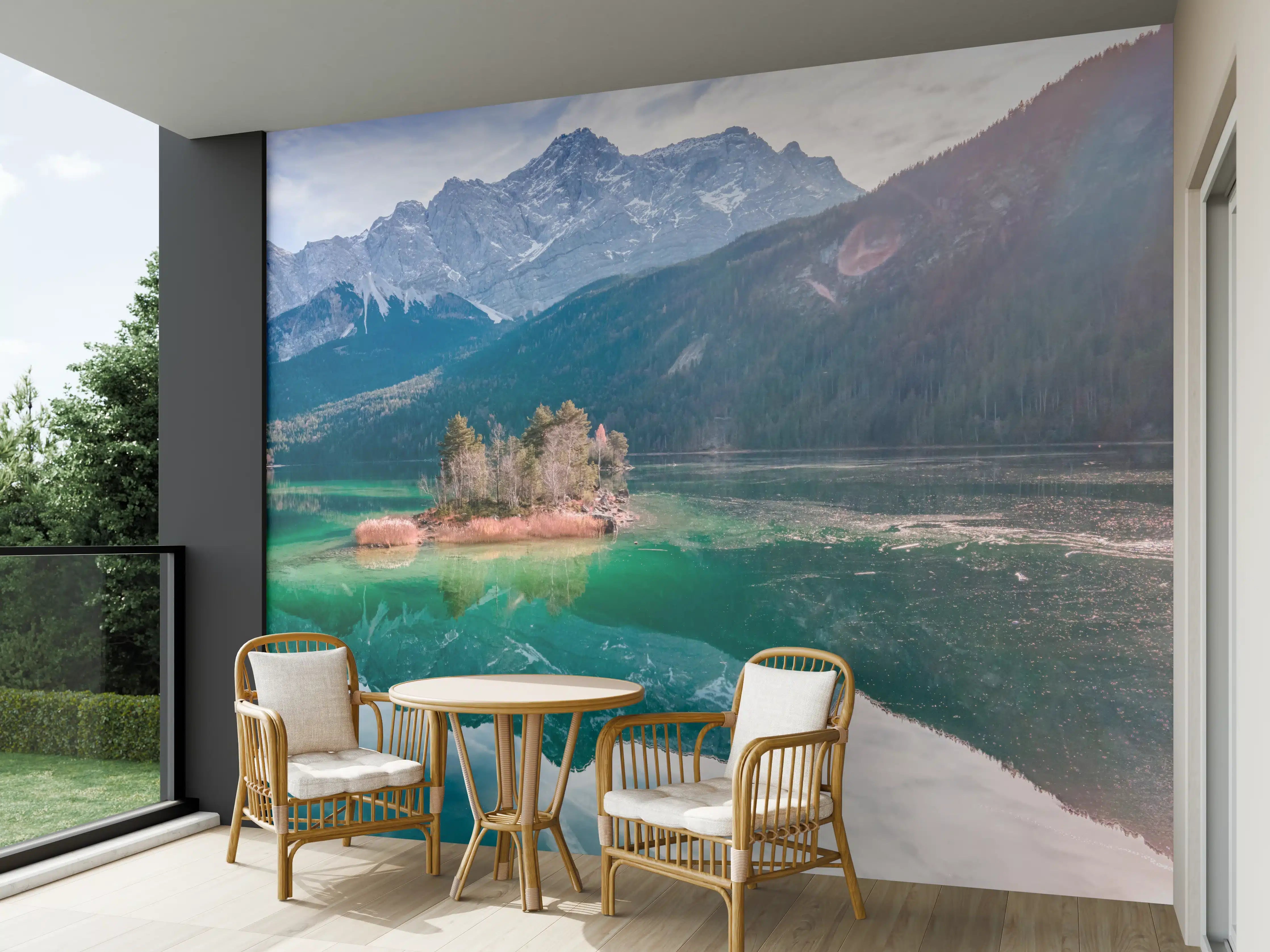 Wandverkleidung außen - Blick auf den Eibsee mit der Zugspitze im Hintergrund