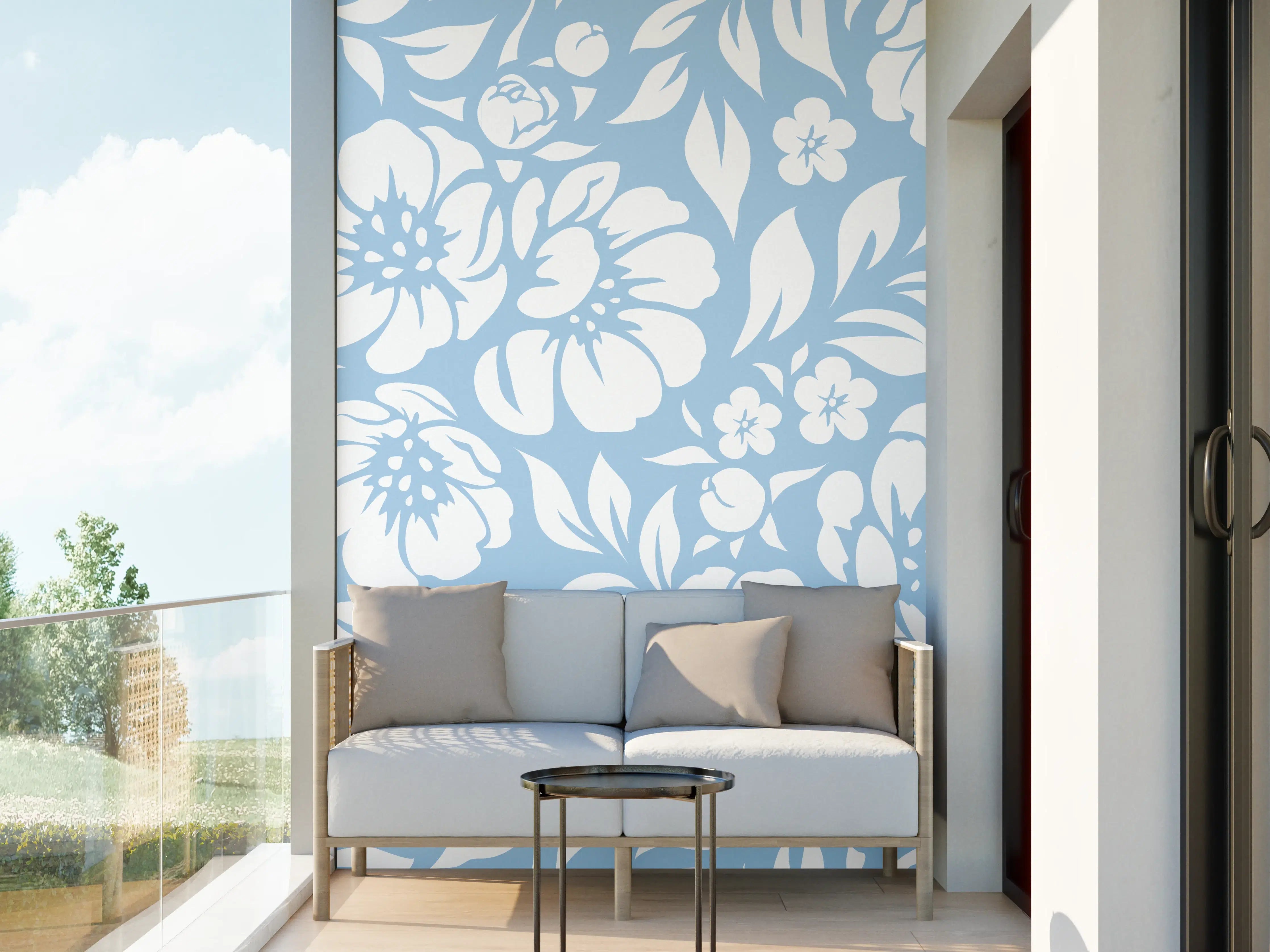 Wandverkleidung außen - Blumenmuster in Blau mit zarten Grautönen