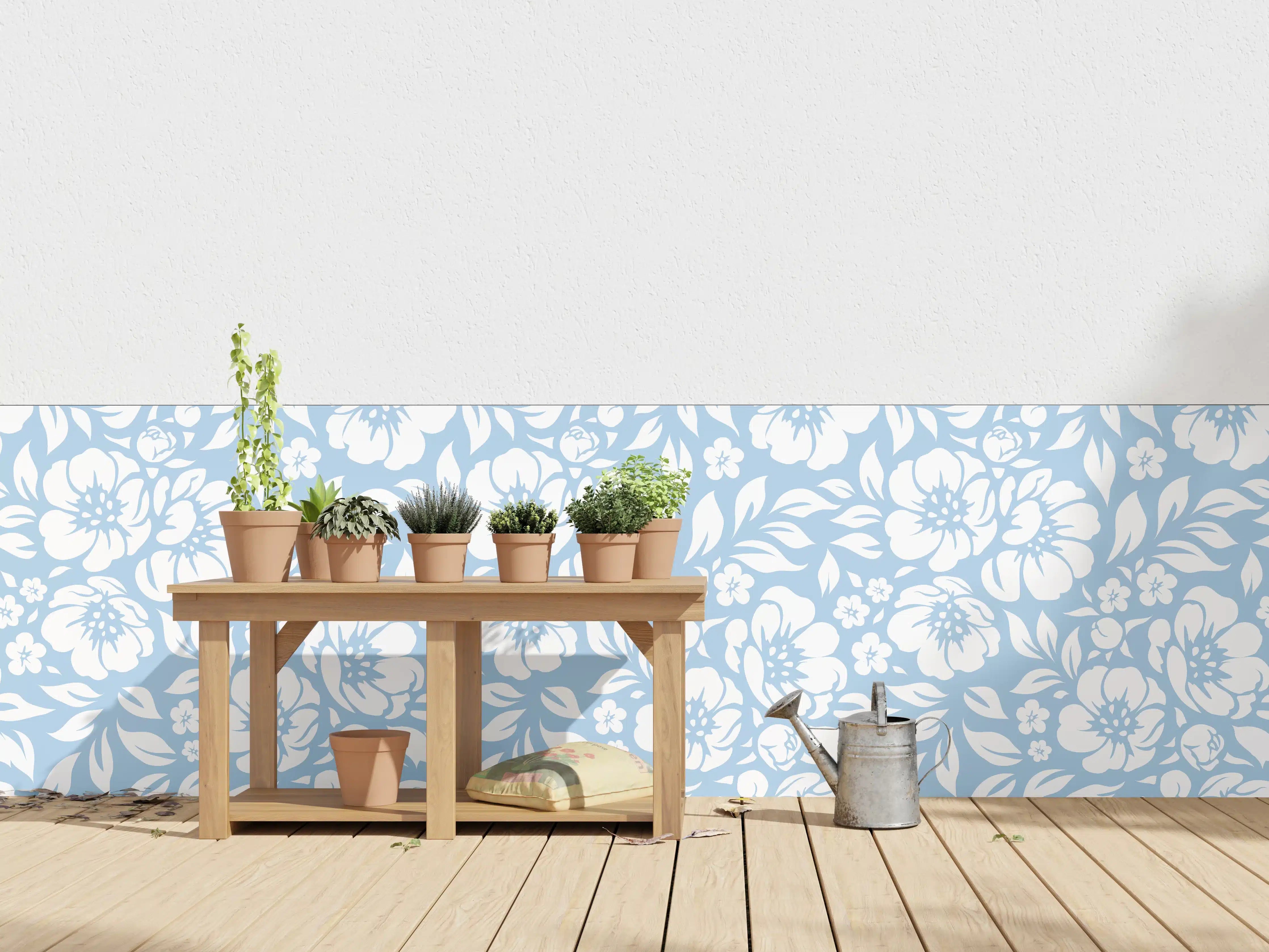 Wandverkleidung außen - Blumenmuster in Blau mit zarten Grautönen