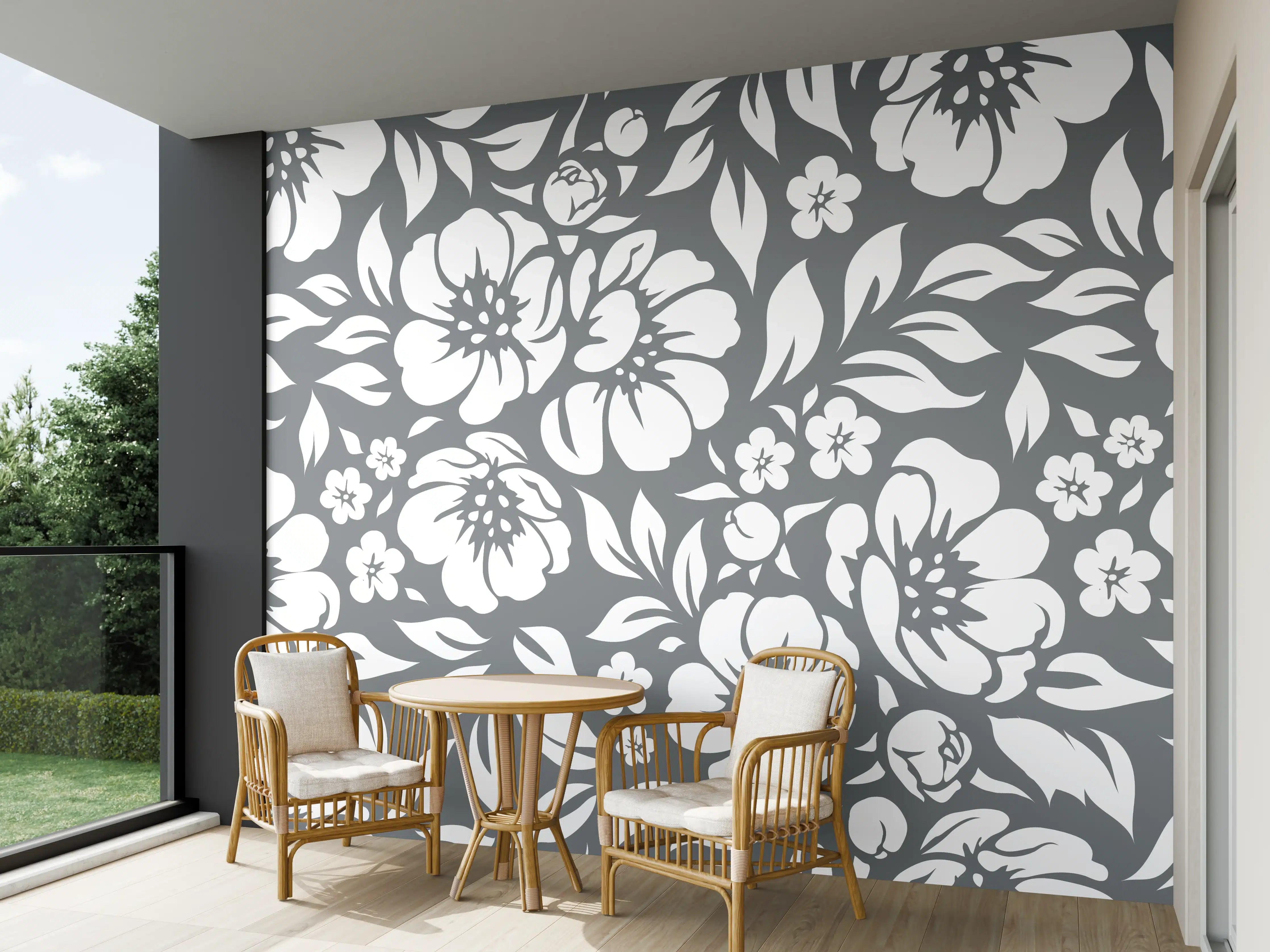 Wandverkleidung außen - Blumenmuster in Grau und Weiß