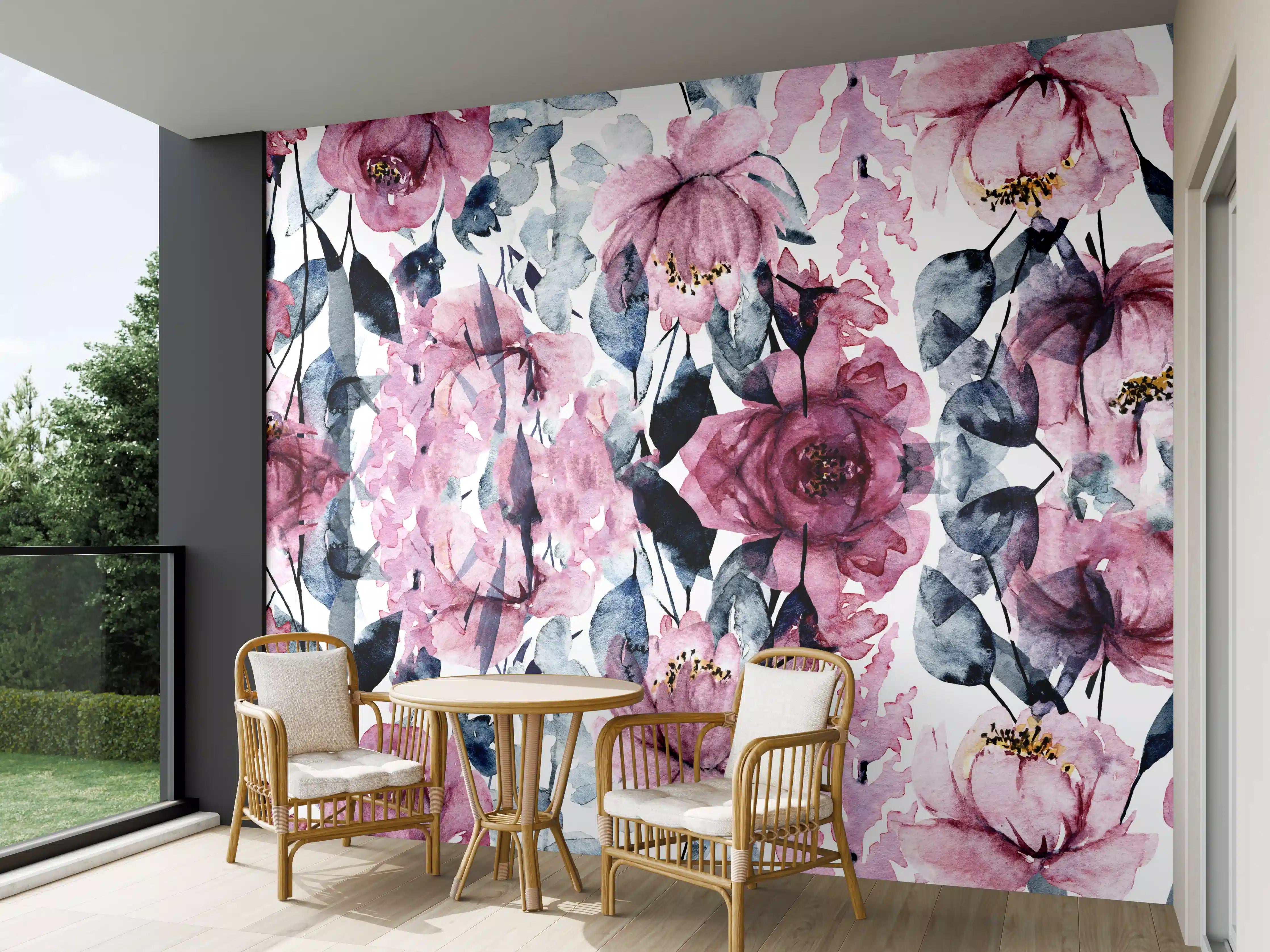 Wandverkleidung außen - Blumenmuster mit Rosa und Blau Akzenten